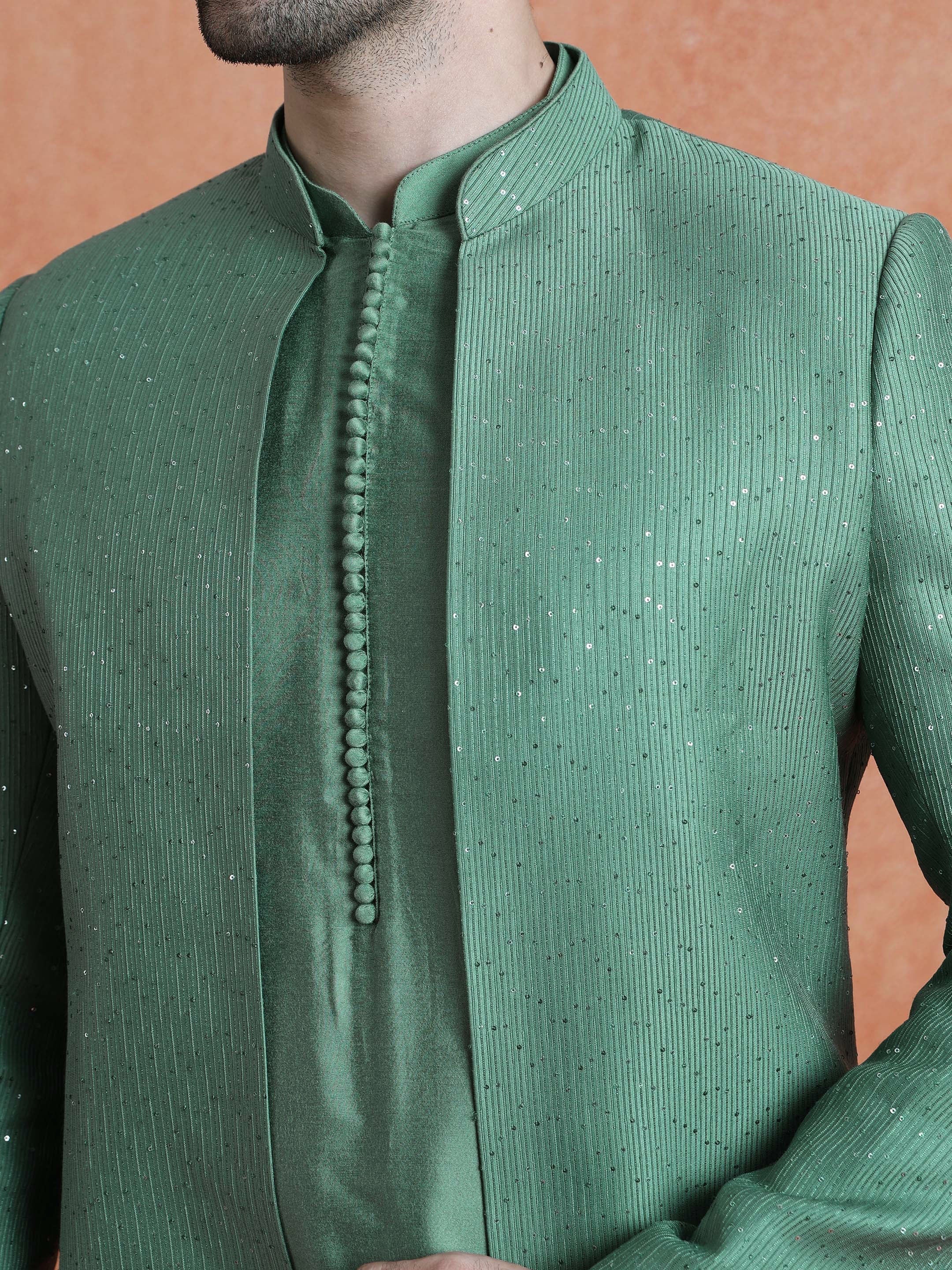 Green Silk Blend Jacquard Mid Kurta Front Open Sherwani Trouser Set