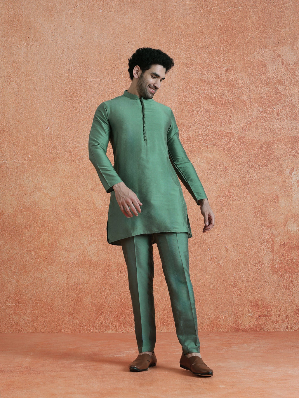 Green Silk Blend Jacquard Mid Kurta Front Open Sherwani Trouser Set