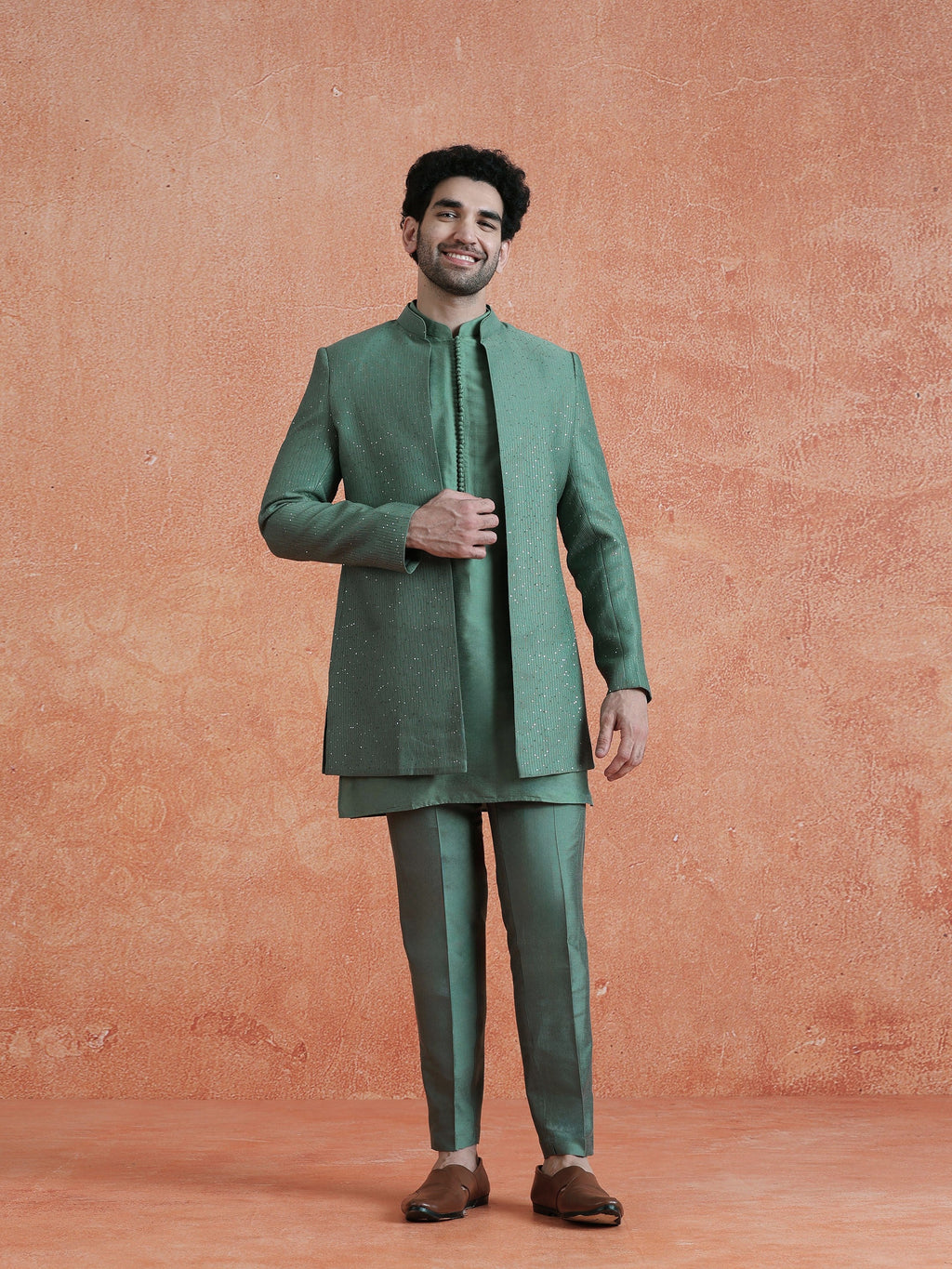 Green Silk Blend Jacquard Mid Kurta Front Open Sherwani Trouser Set
