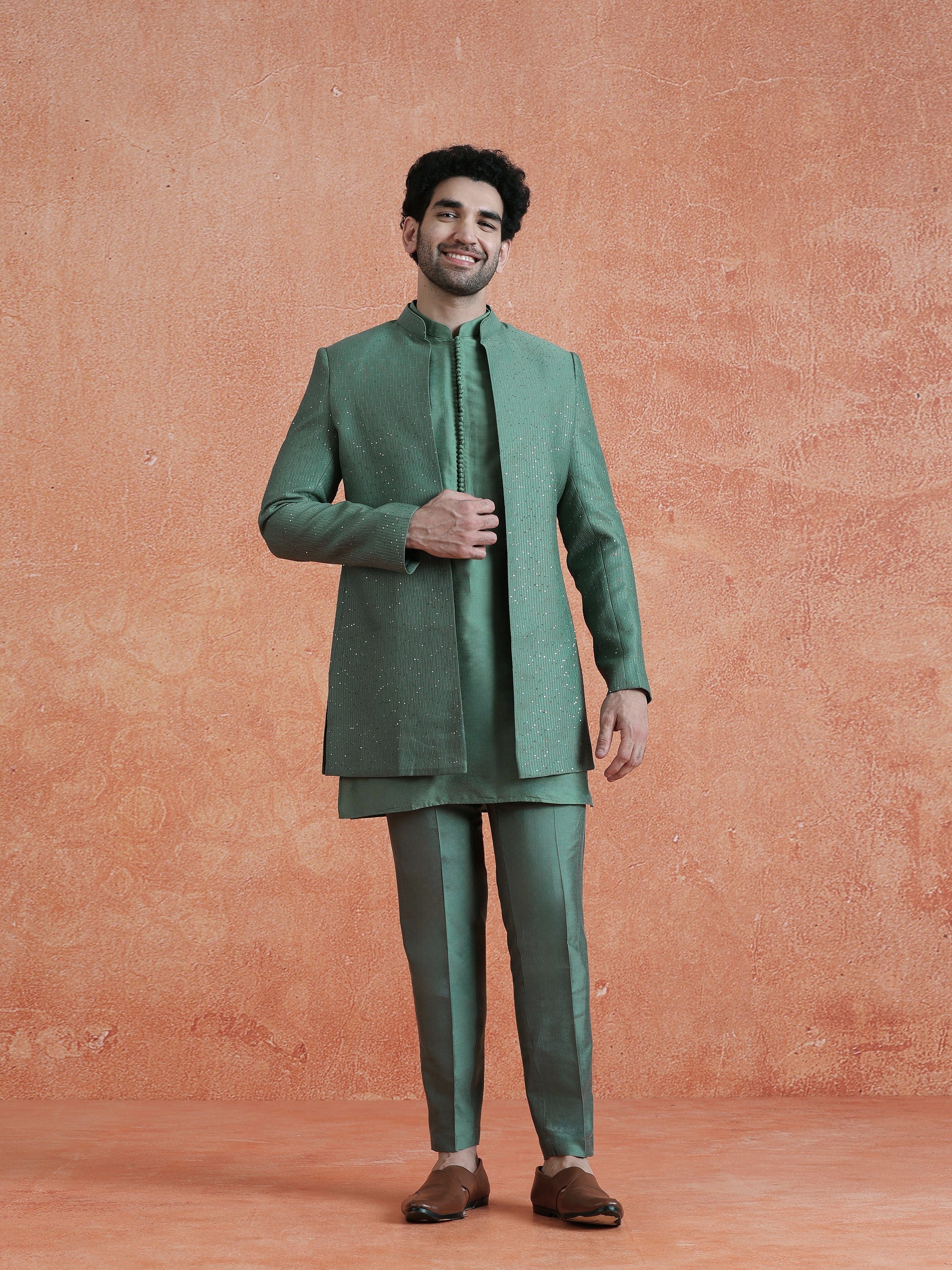 Green Silk Blend Jacquard Mid Kurta Front Open Sherwani Trouser Set