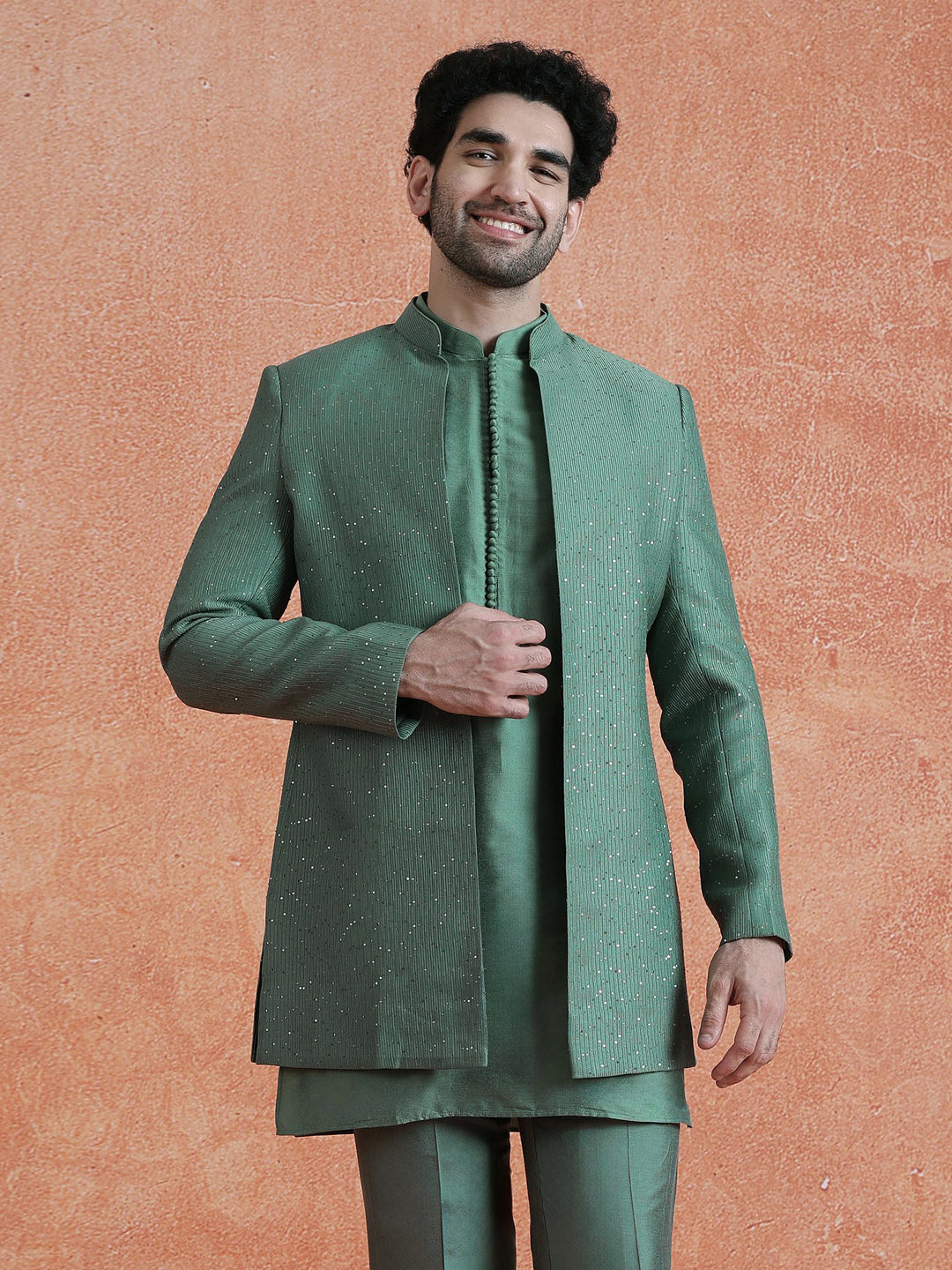 Green Silk Blend Jacquard Mid Kurta Front Open Sherwani Trouser Set