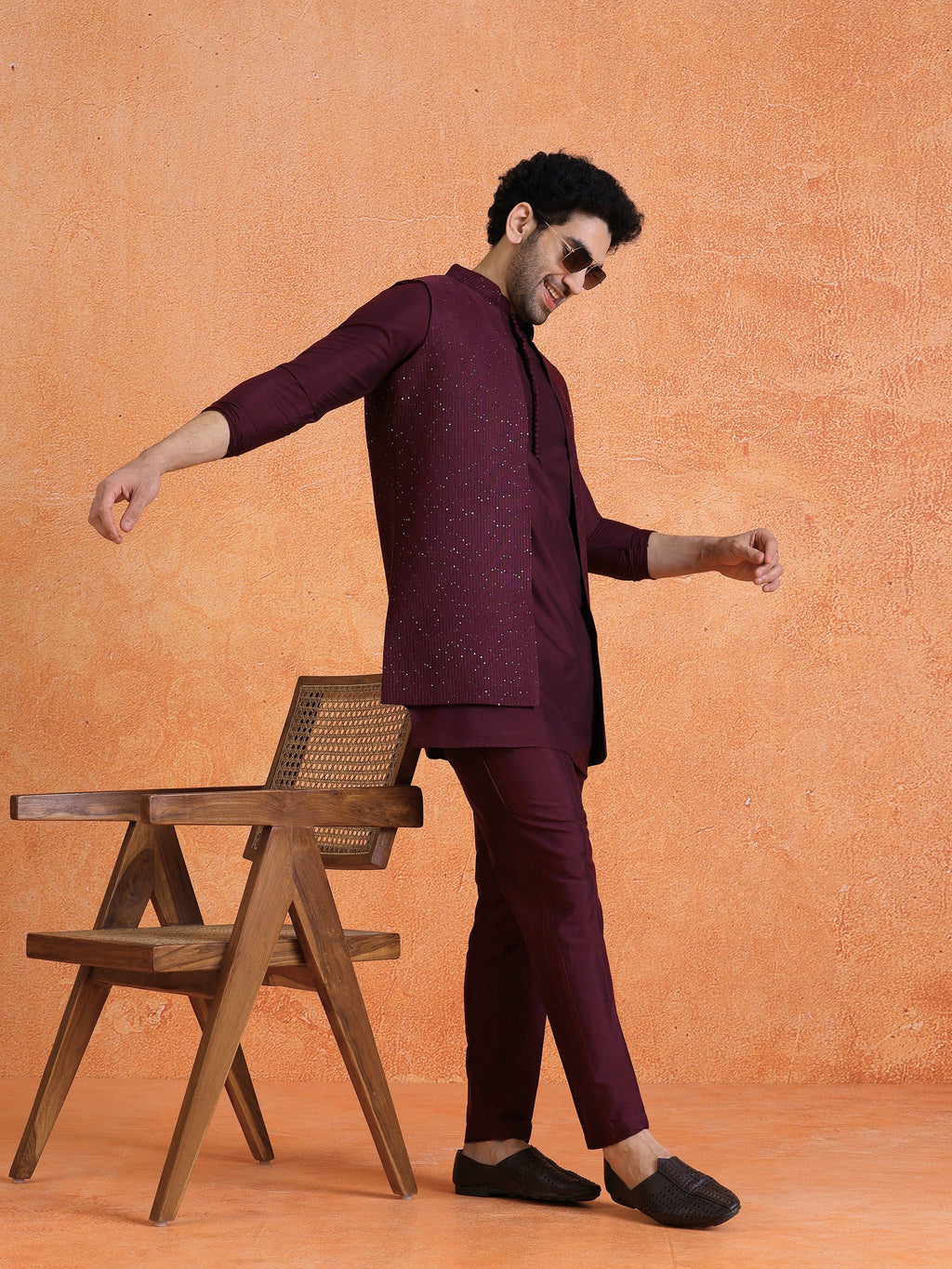 Wine Silk Blend Sequin Mid Kurta Front Open Long Jacket Trouser Set