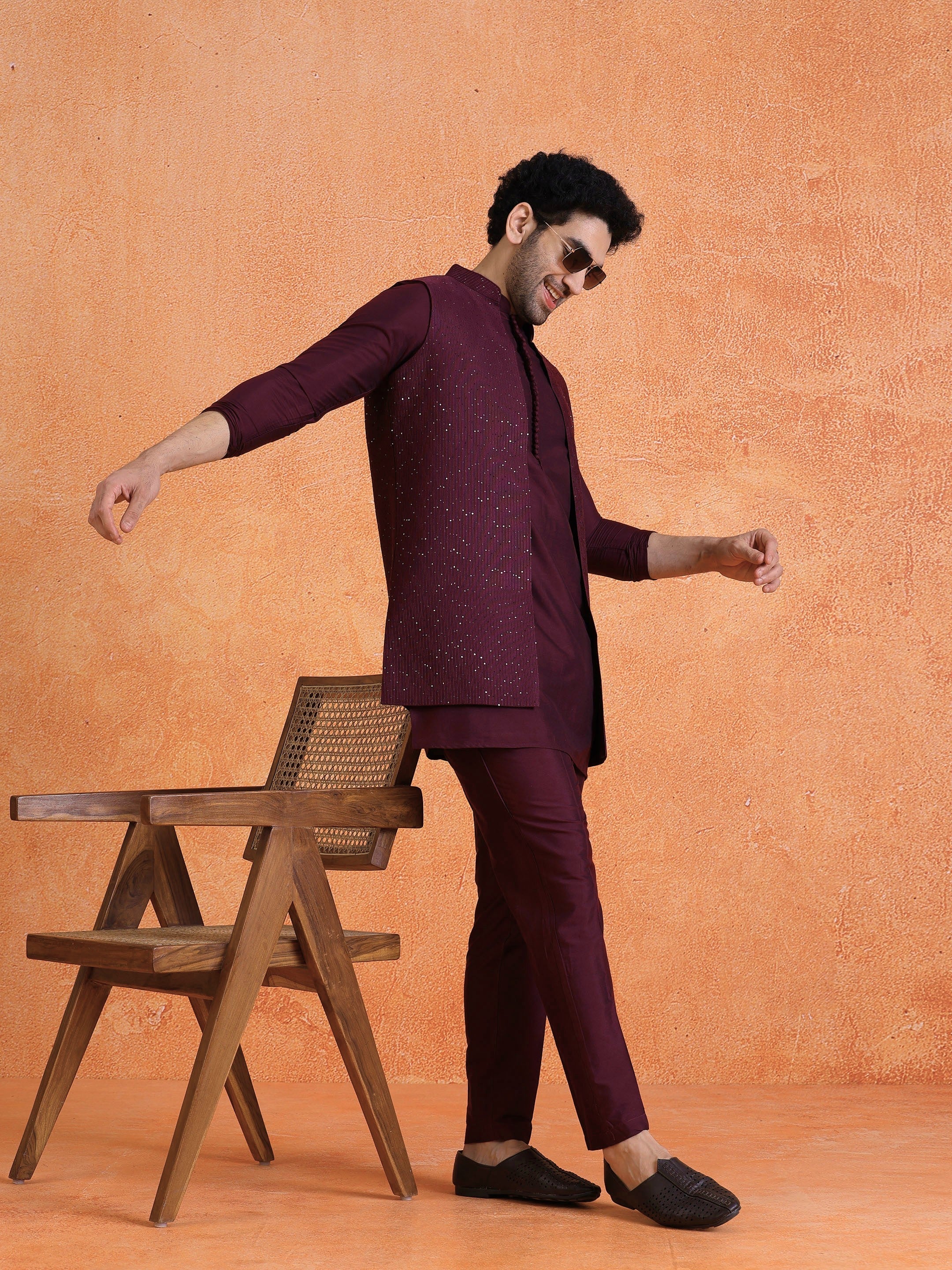 Wine Silk Blend Sequin Mid Kurta Front Open Long Jacket Trouser Set