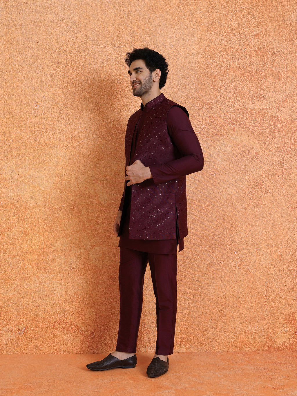 Wine Silk Blend Sequin Mid Kurta Front Open Long Jacket Trouser Set