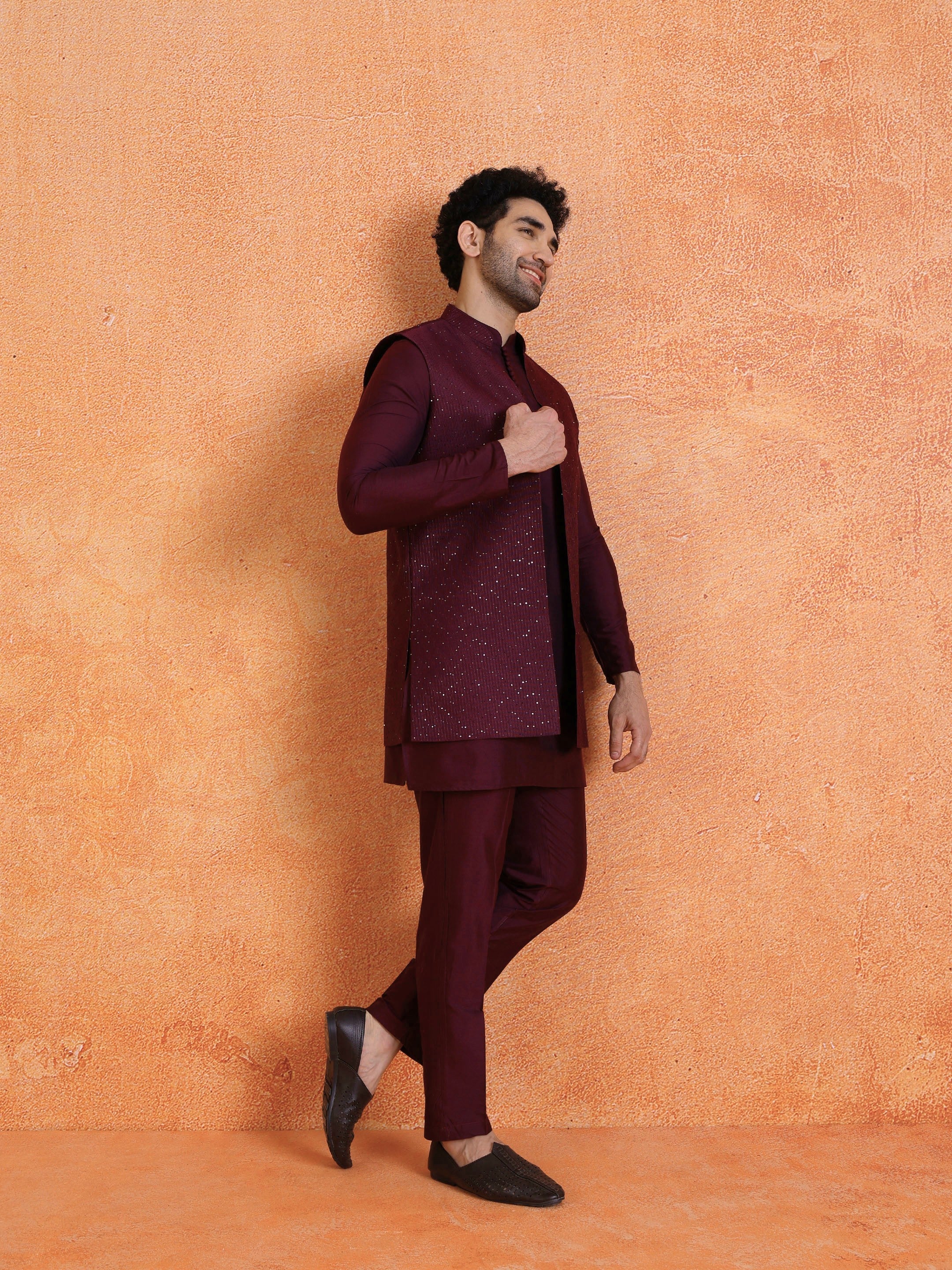 Wine Silk Blend Sequin Mid Kurta Front Open Long Jacket Trouser Set