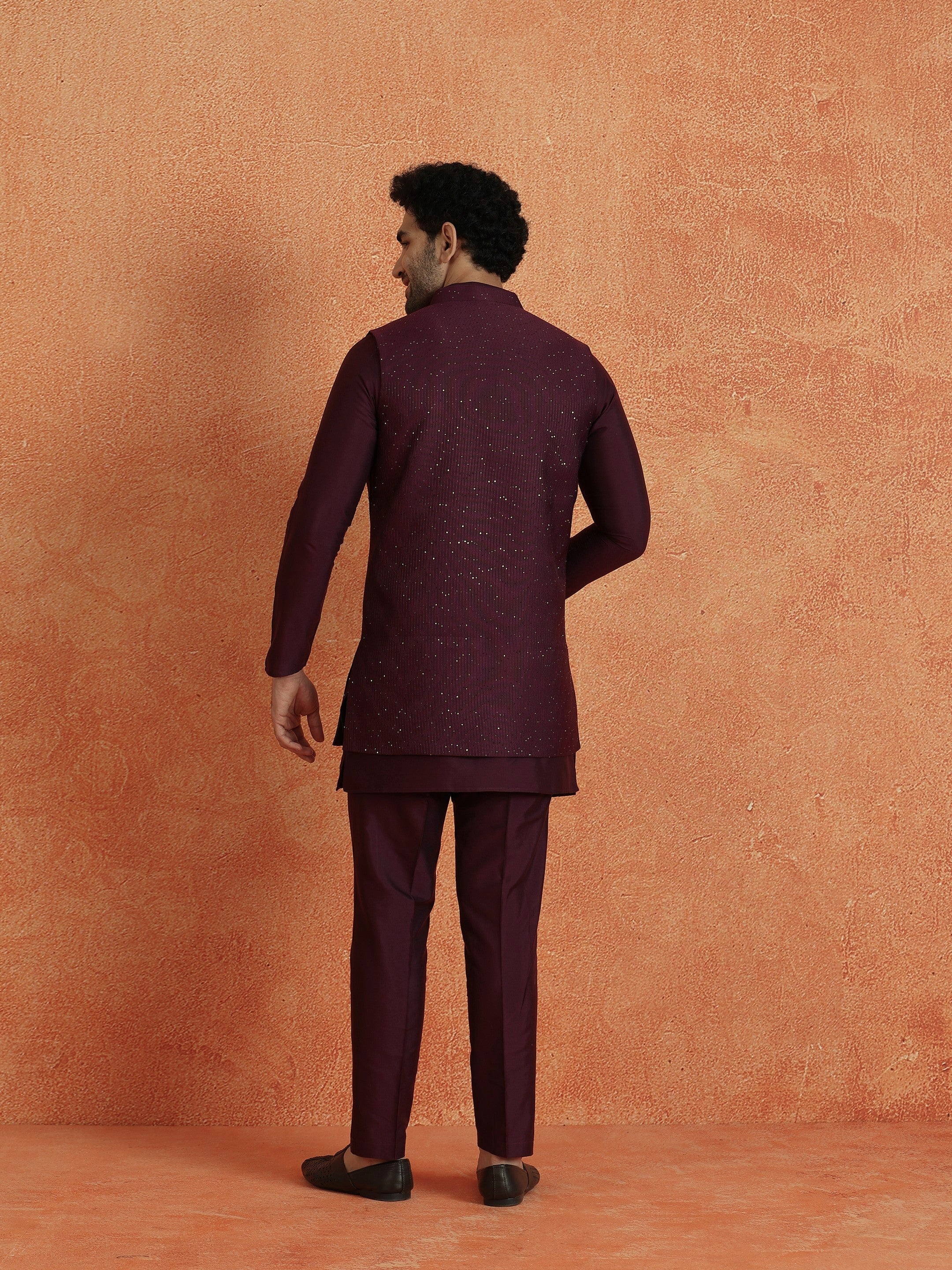 Wine Silk Blend Sequin Mid Kurta Front Open Long Jacket Trouser Set