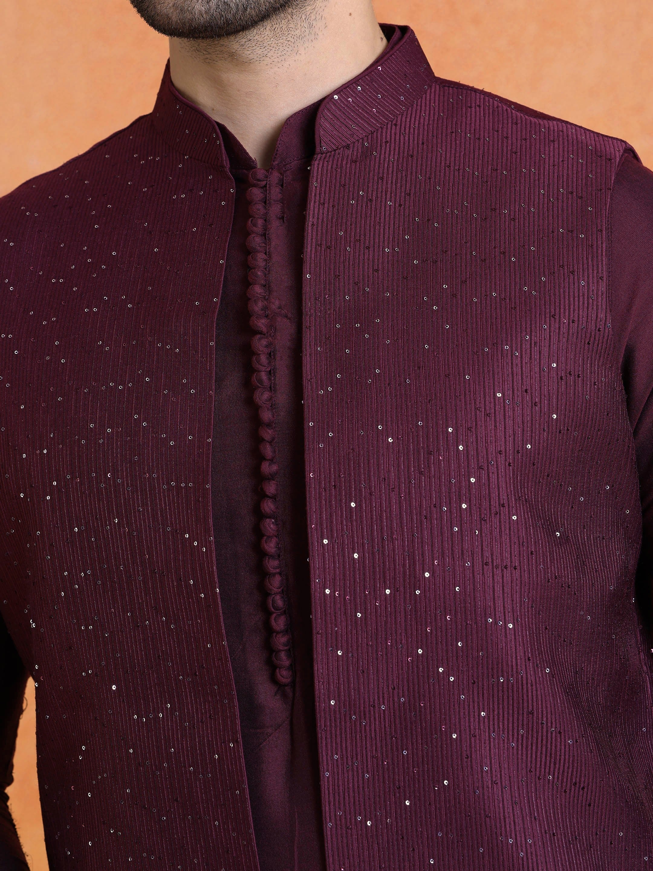 Wine Silk Blend Sequin Mid Kurta Front Open Long Jacket Trouser Set