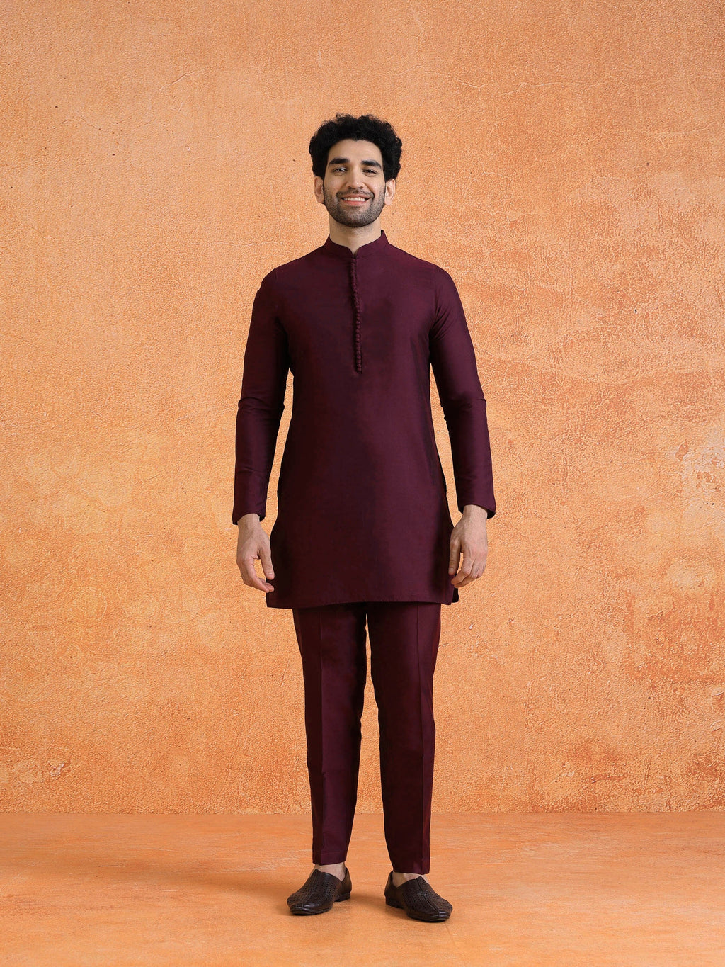 Wine Silk Blend Sequin Mid Kurta Front Open Long Jacket Trouser Set