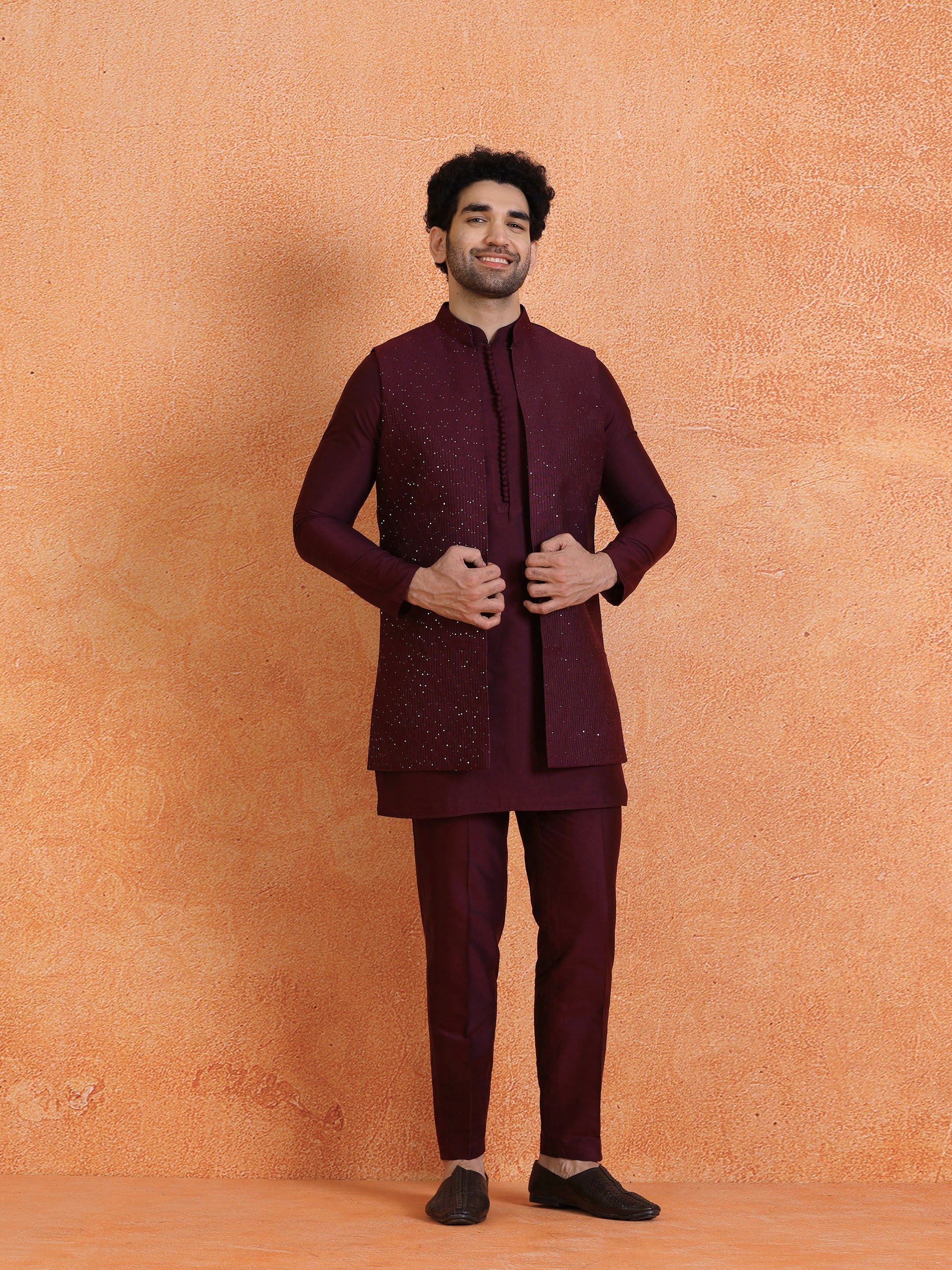 Wine Silk Blend Sequin Mid Kurta Front Open Long Jacket Trouser Set