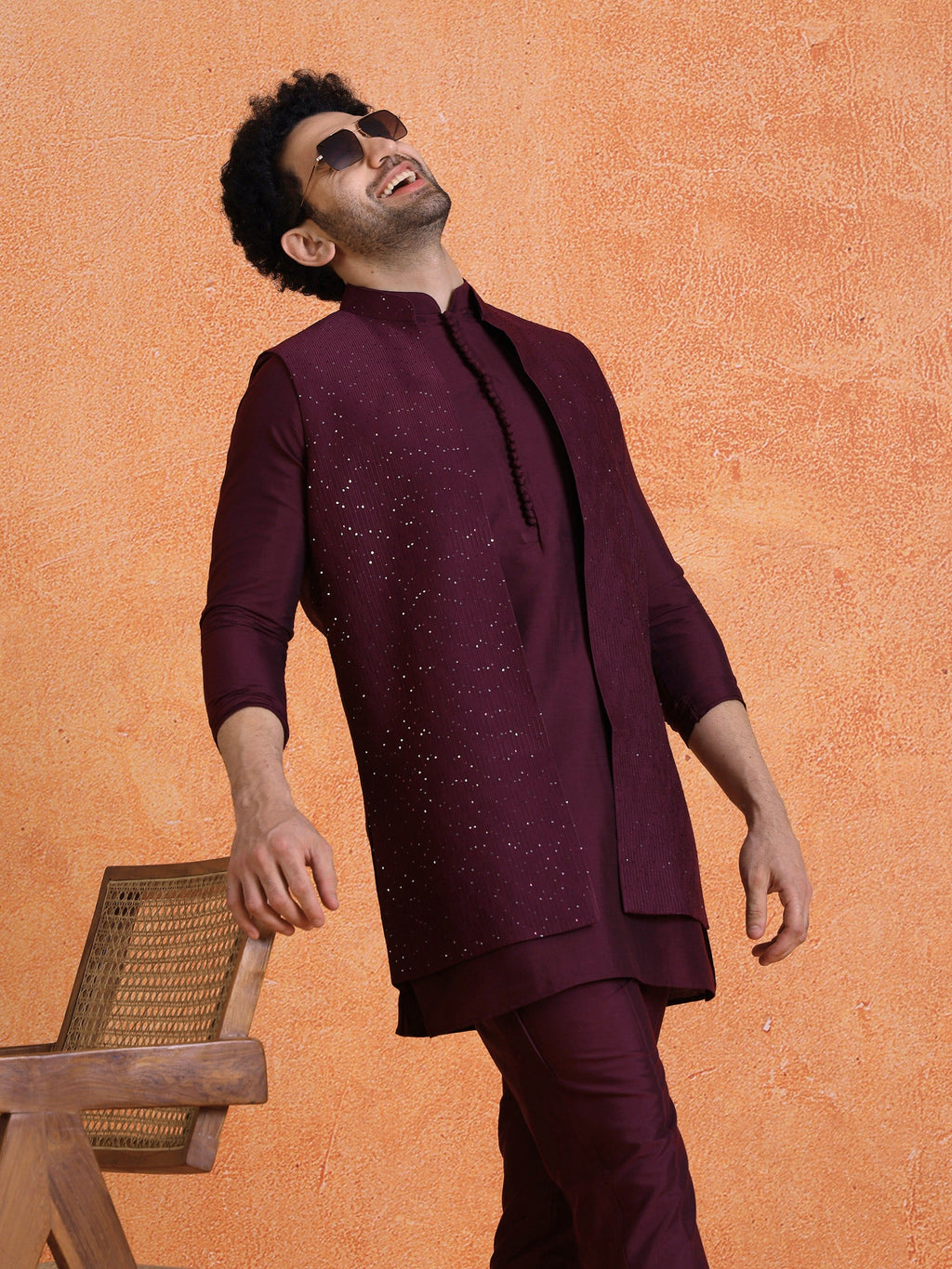 Wine Silk Blend Sequin Mid Kurta Front Open Long Jacket Trouser Set