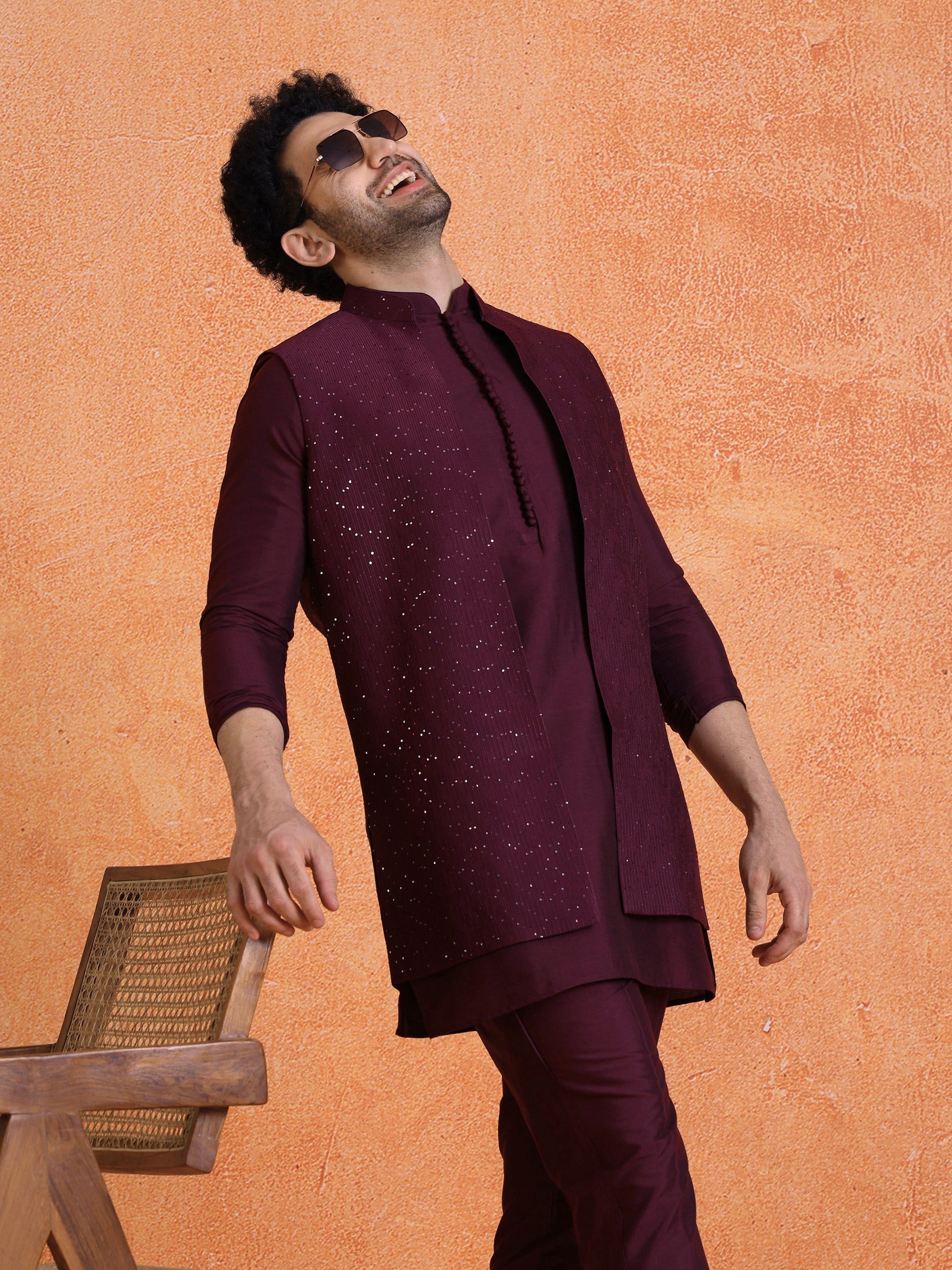 Wine Silk Blend Sequin Mid Kurta Front Open Long Jacket Trouser Set