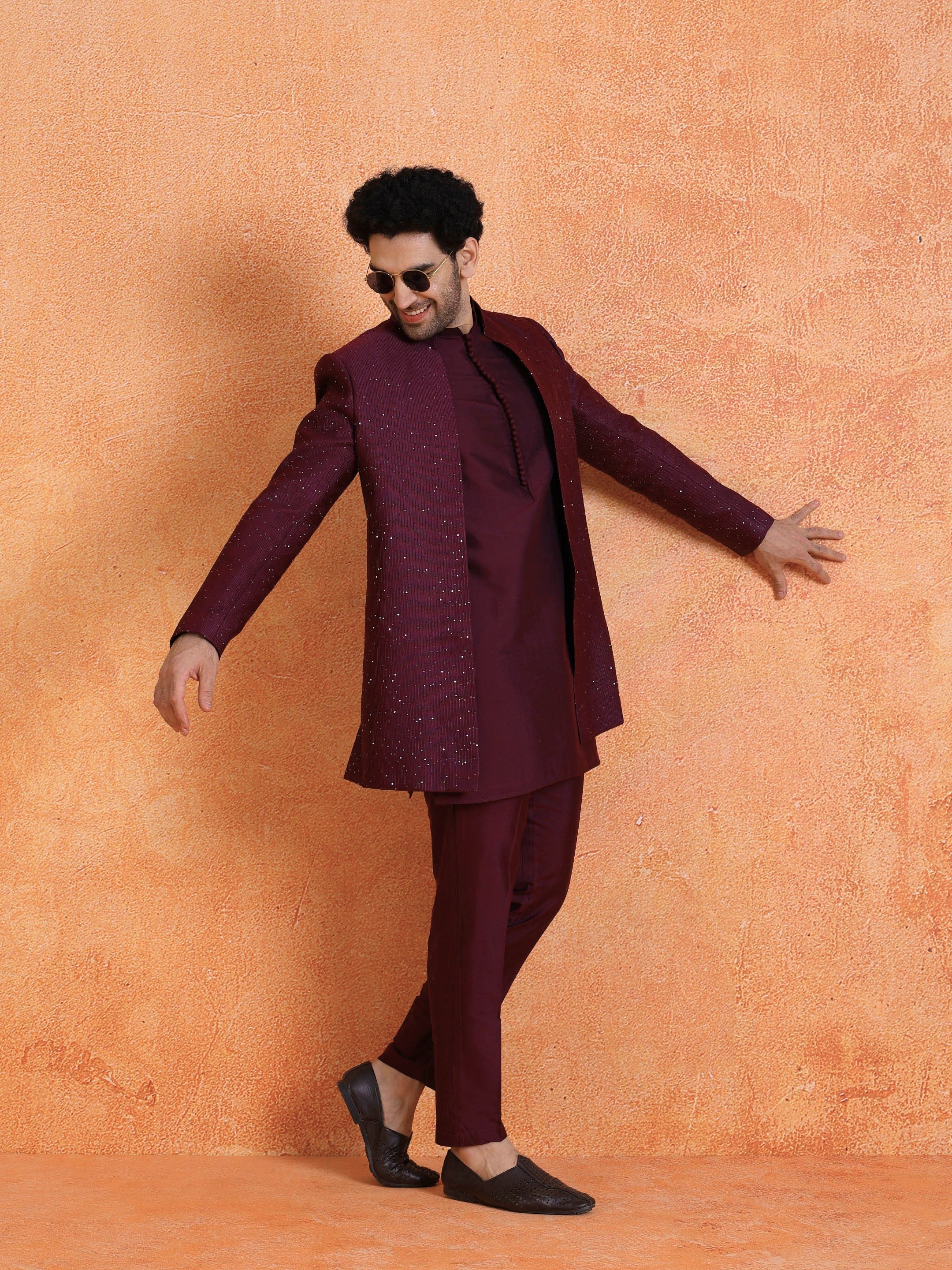 Wine Silk Blend Jacquard Mid Kurta Front Open Sherwani Trouser Set