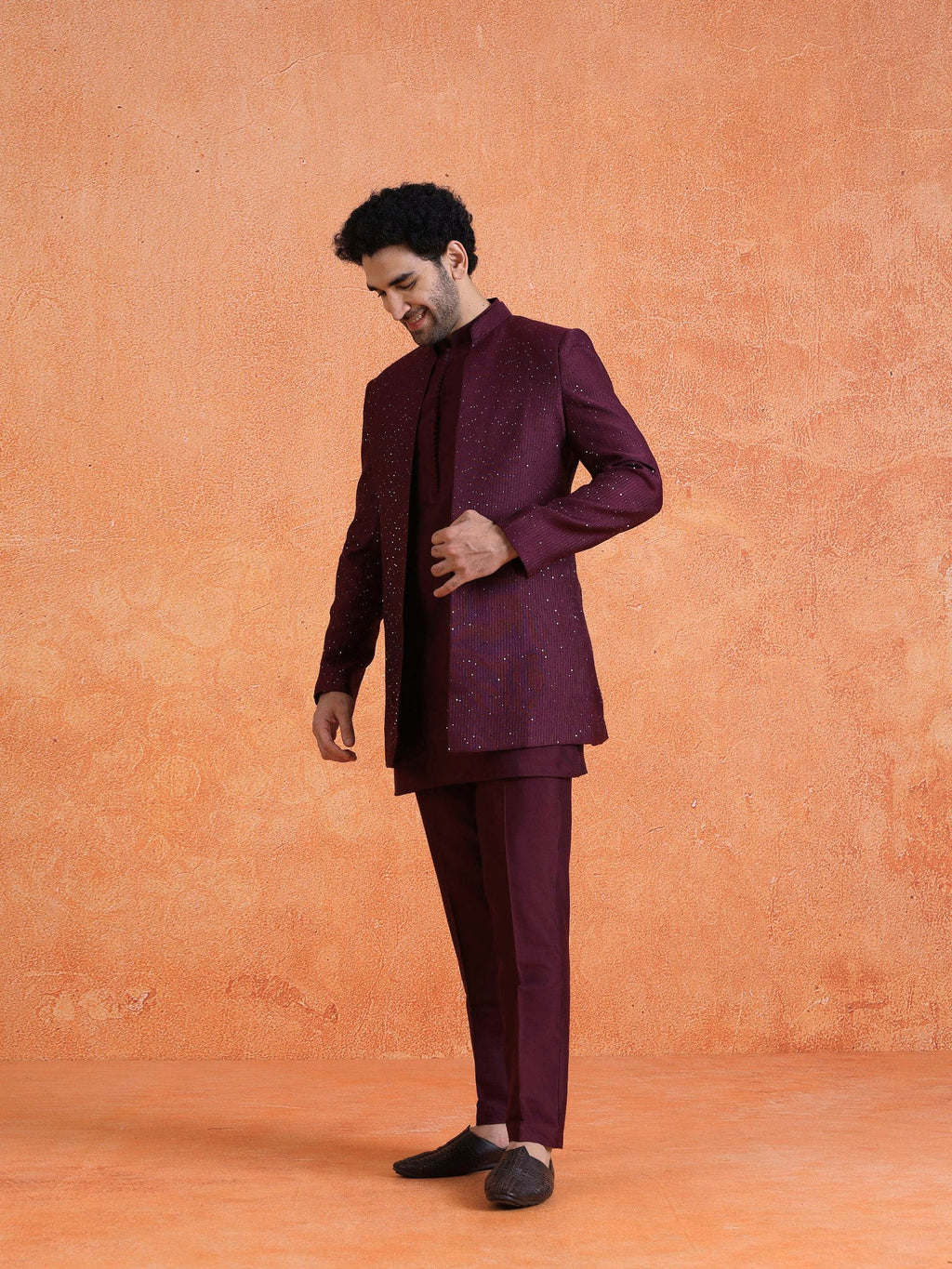 Wine Silk Blend Jacquard Mid Kurta Front Open Sherwani Trouser Set