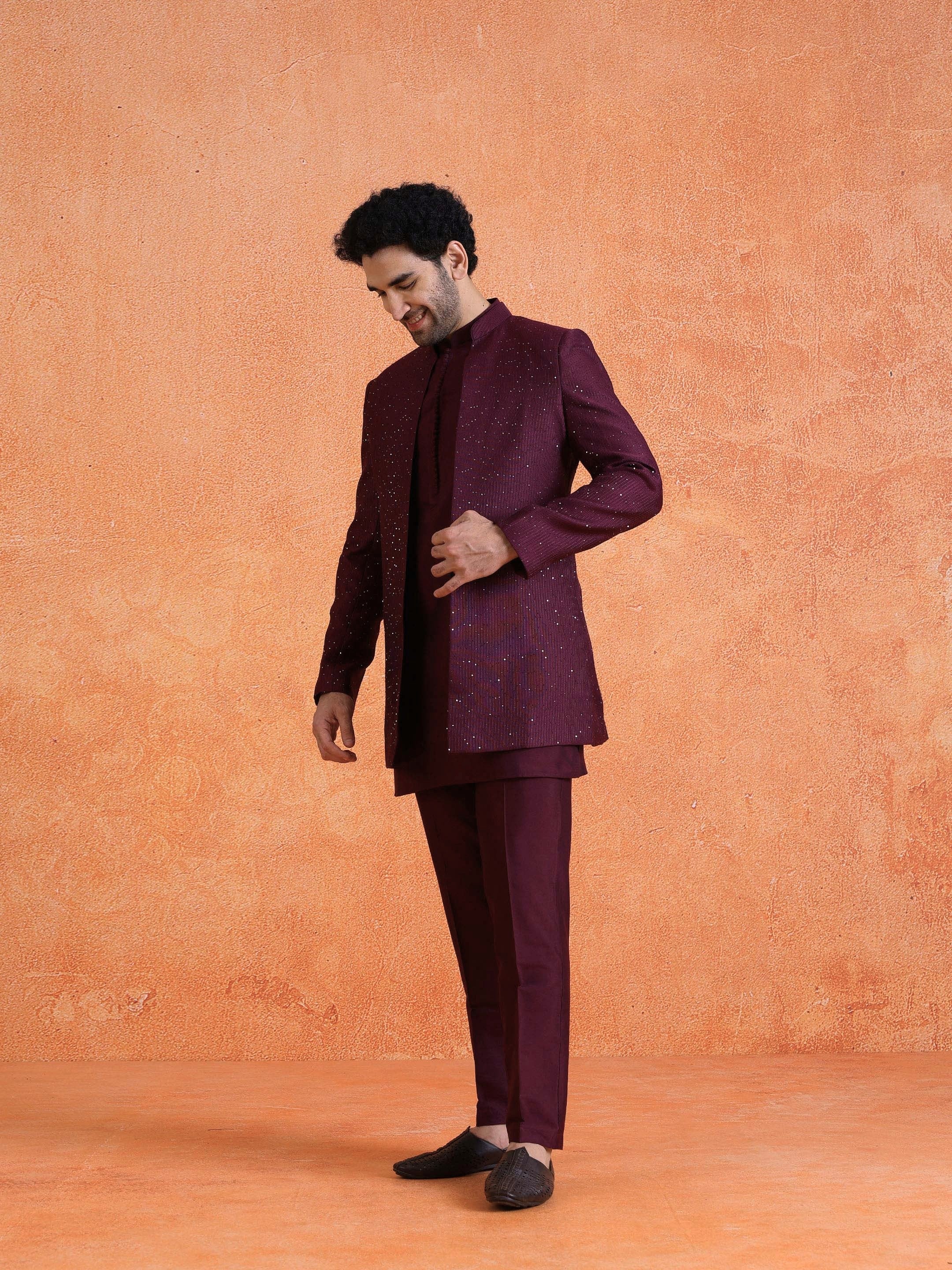 Wine Silk Blend Jacquard Mid Kurta Front Open Sherwani Trouser Set