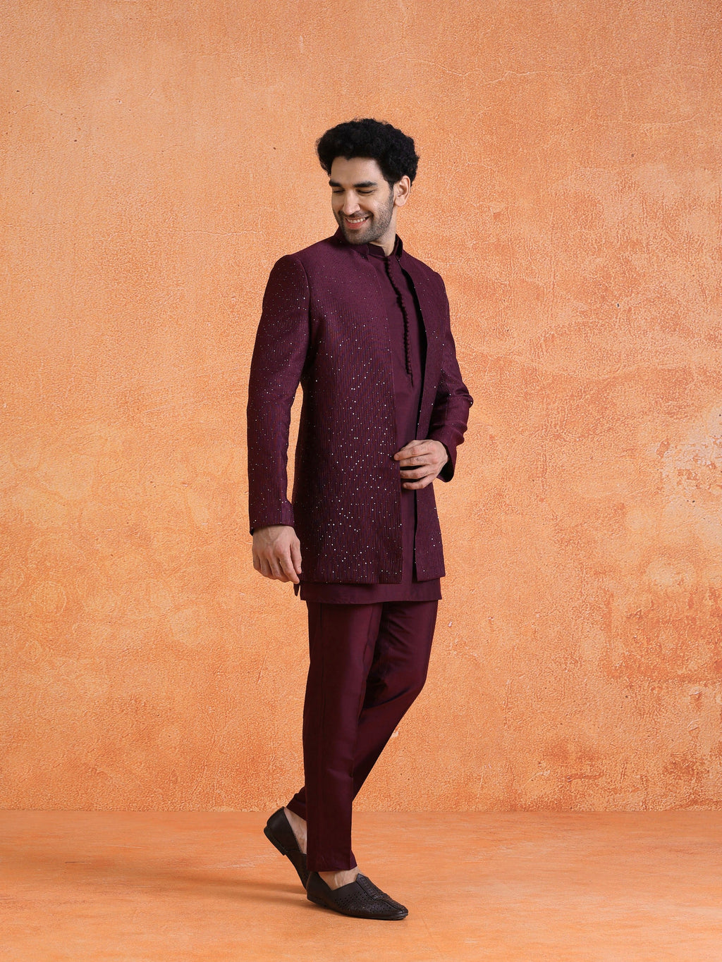 Wine Silk Blend Jacquard Mid Kurta Front Open Sherwani Trouser Set