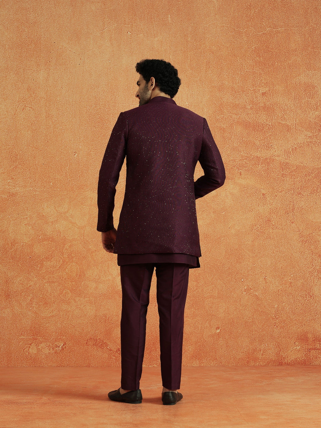 Wine Silk Blend Jacquard Mid Kurta Front Open Sherwani Trouser Set