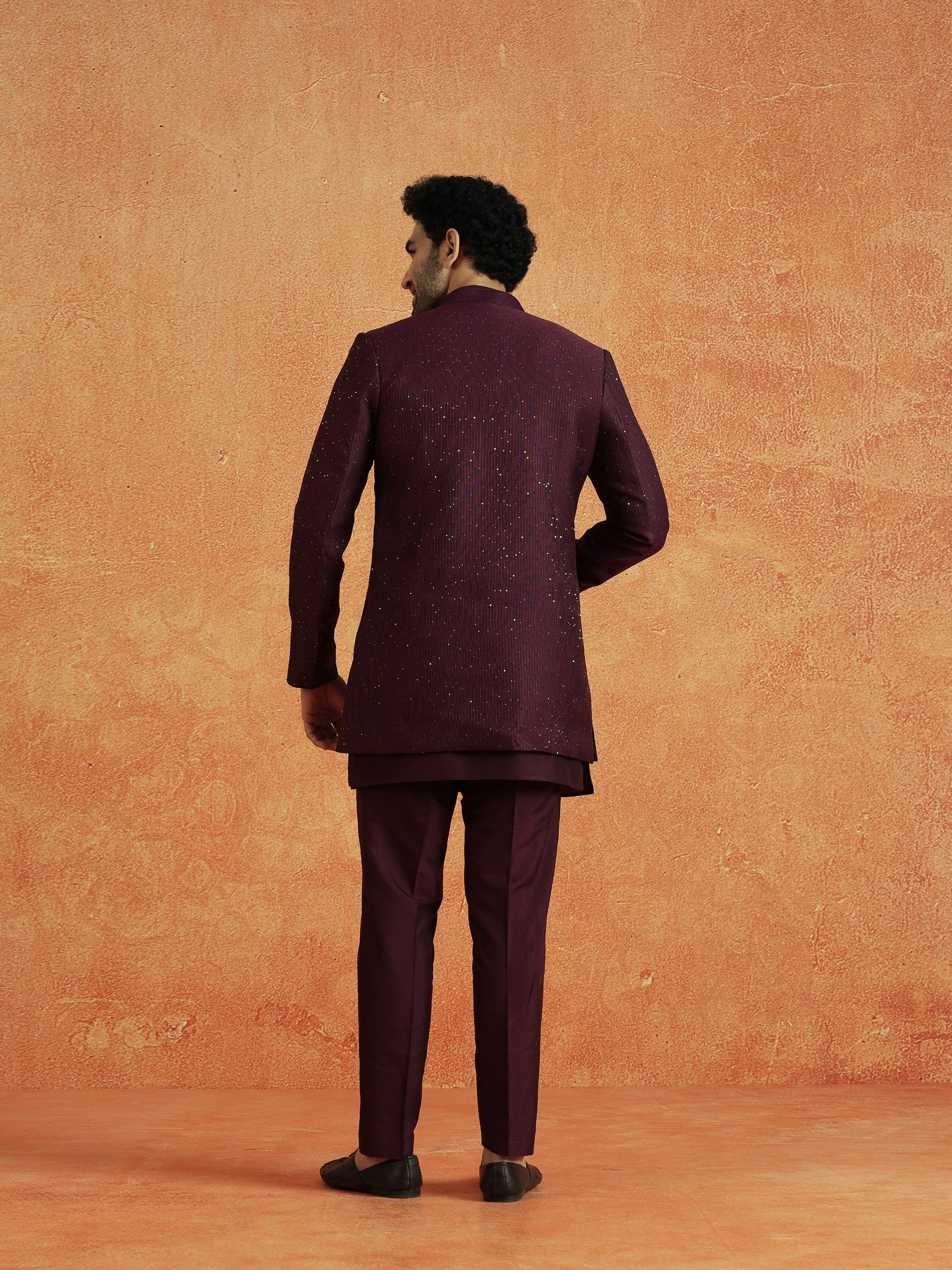 Wine Silk Blend Jacquard Mid Kurta Front Open Sherwani Trouser Set