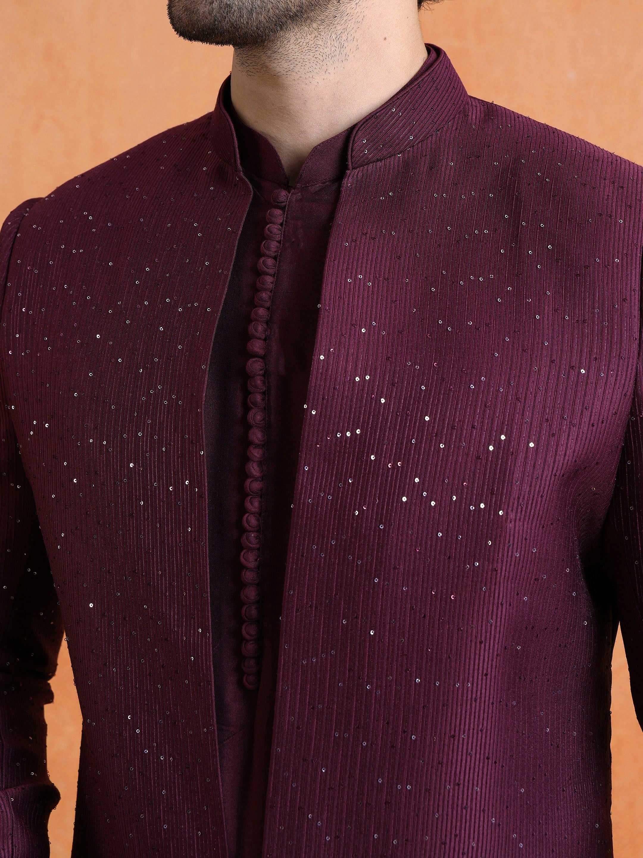 Wine Silk Blend Jacquard Mid Kurta Front Open Sherwani Trouser Set
