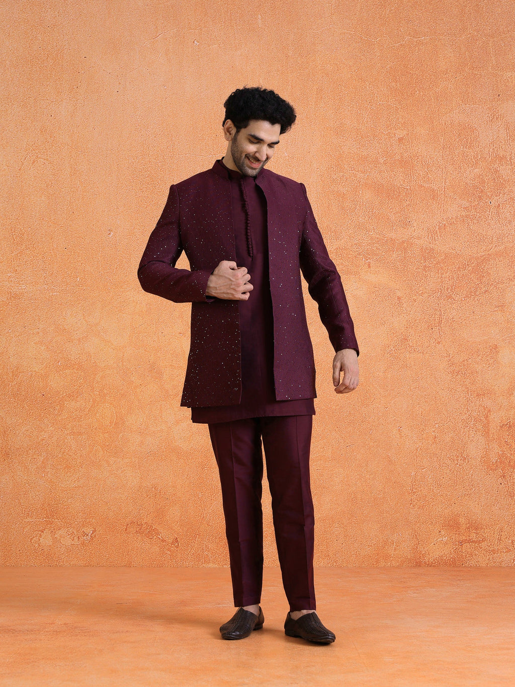 Wine Silk Blend Jacquard Mid Kurta Front Open Sherwani Trouser Set