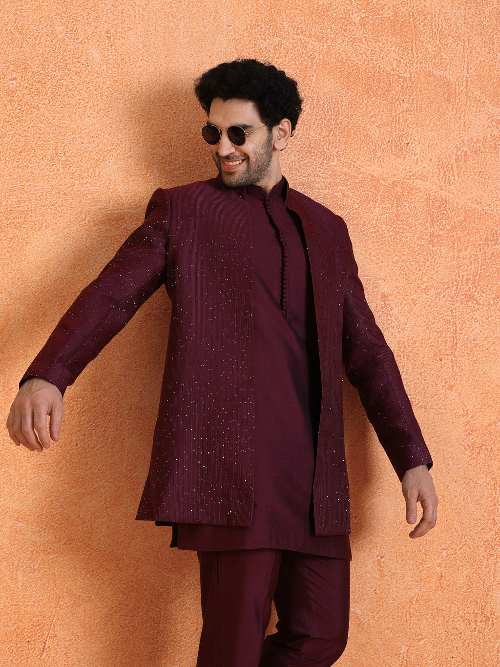 Wine Silk Blend Jacquard Mid Kurta Front Open Sherwani Trouser Set