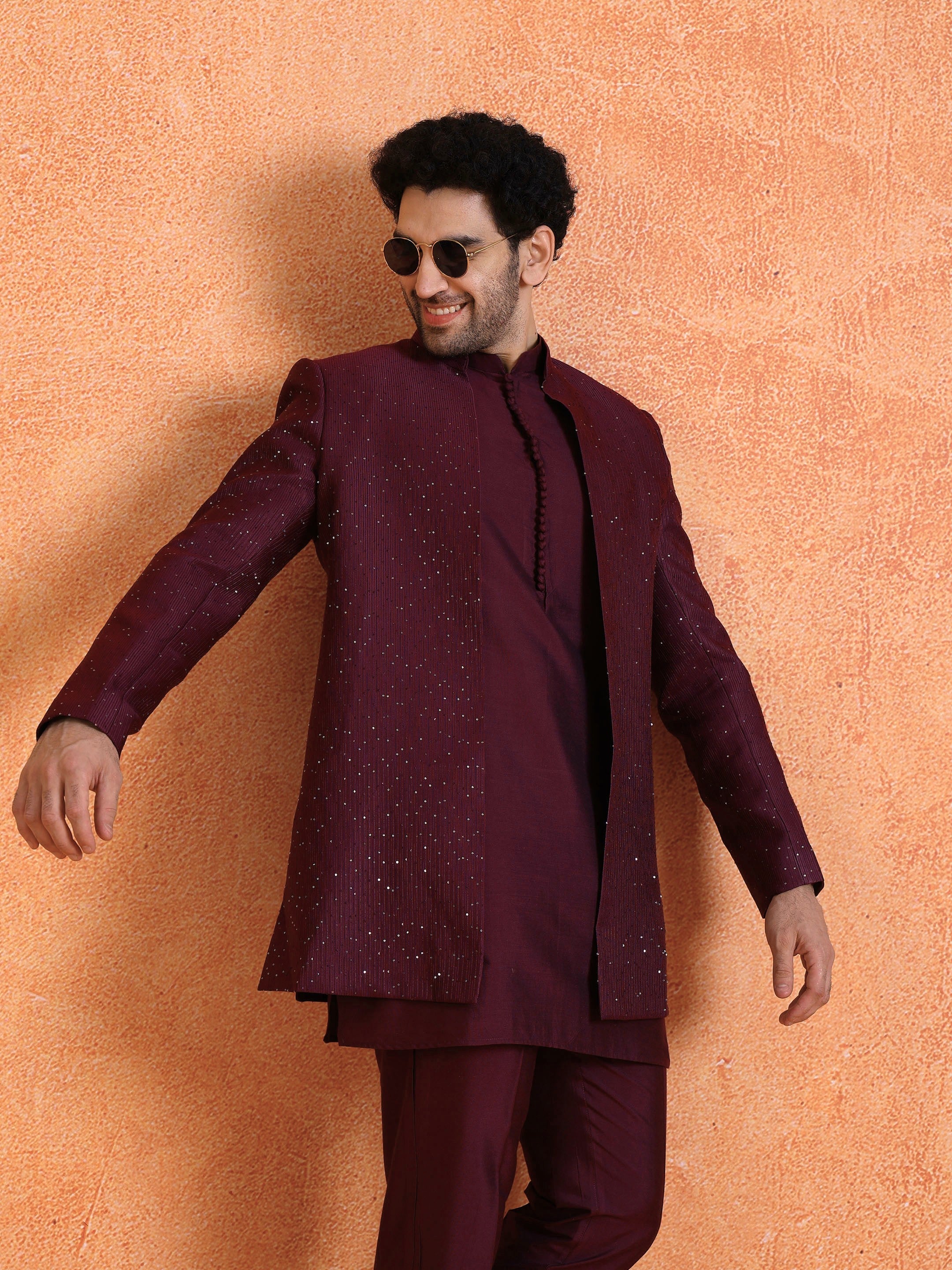 Wine Silk Blend Jacquard Mid Kurta Front Open Sherwani Trouser Set