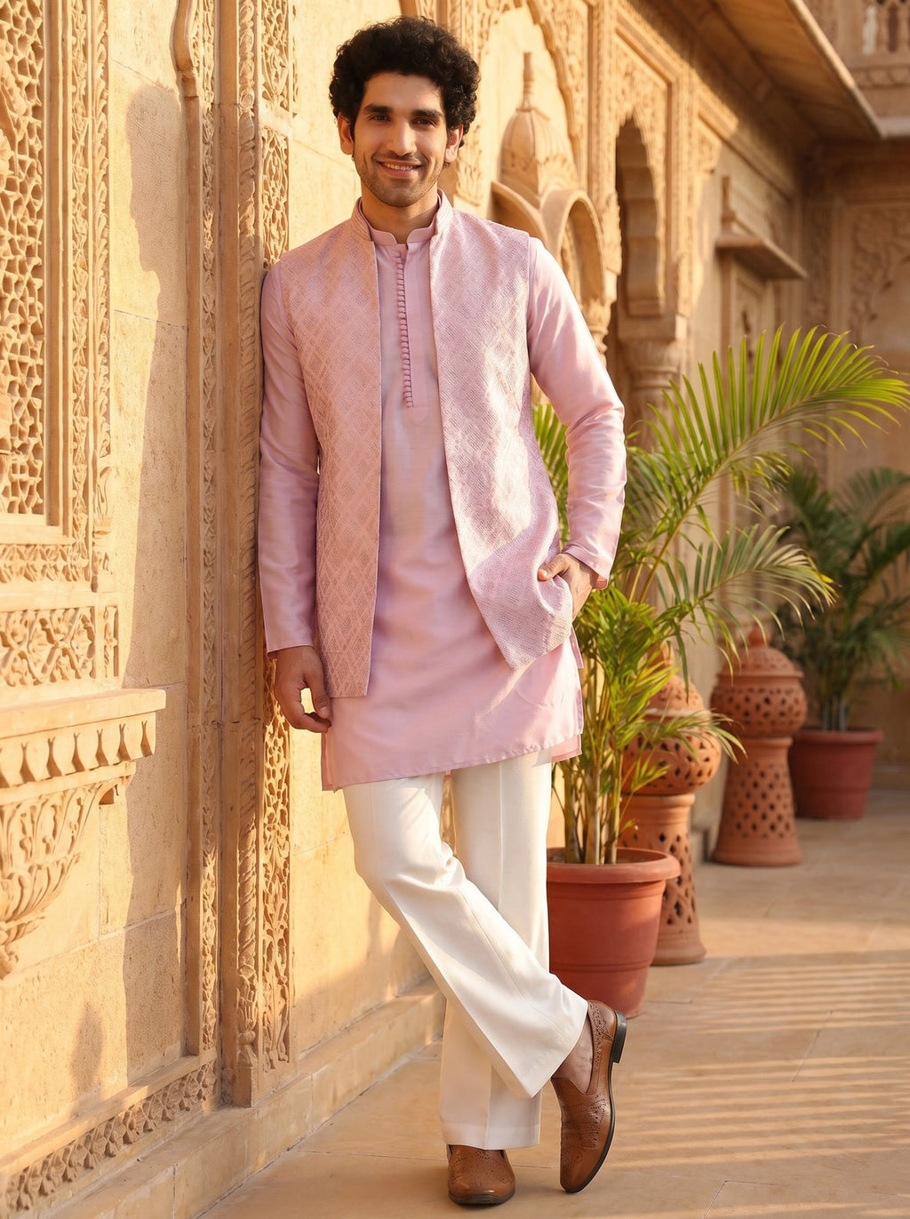 Lilac Jacquard Mid Kurta Front Open Jacket Wide Leg Trouser Set