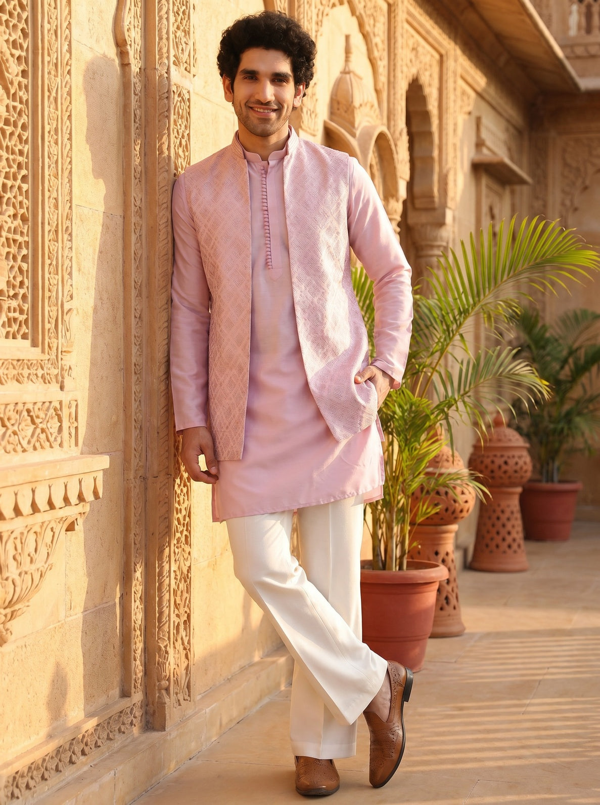 Lilac Jacquard Mid Kurta Front Open Jacket Wide Leg Trouser Set