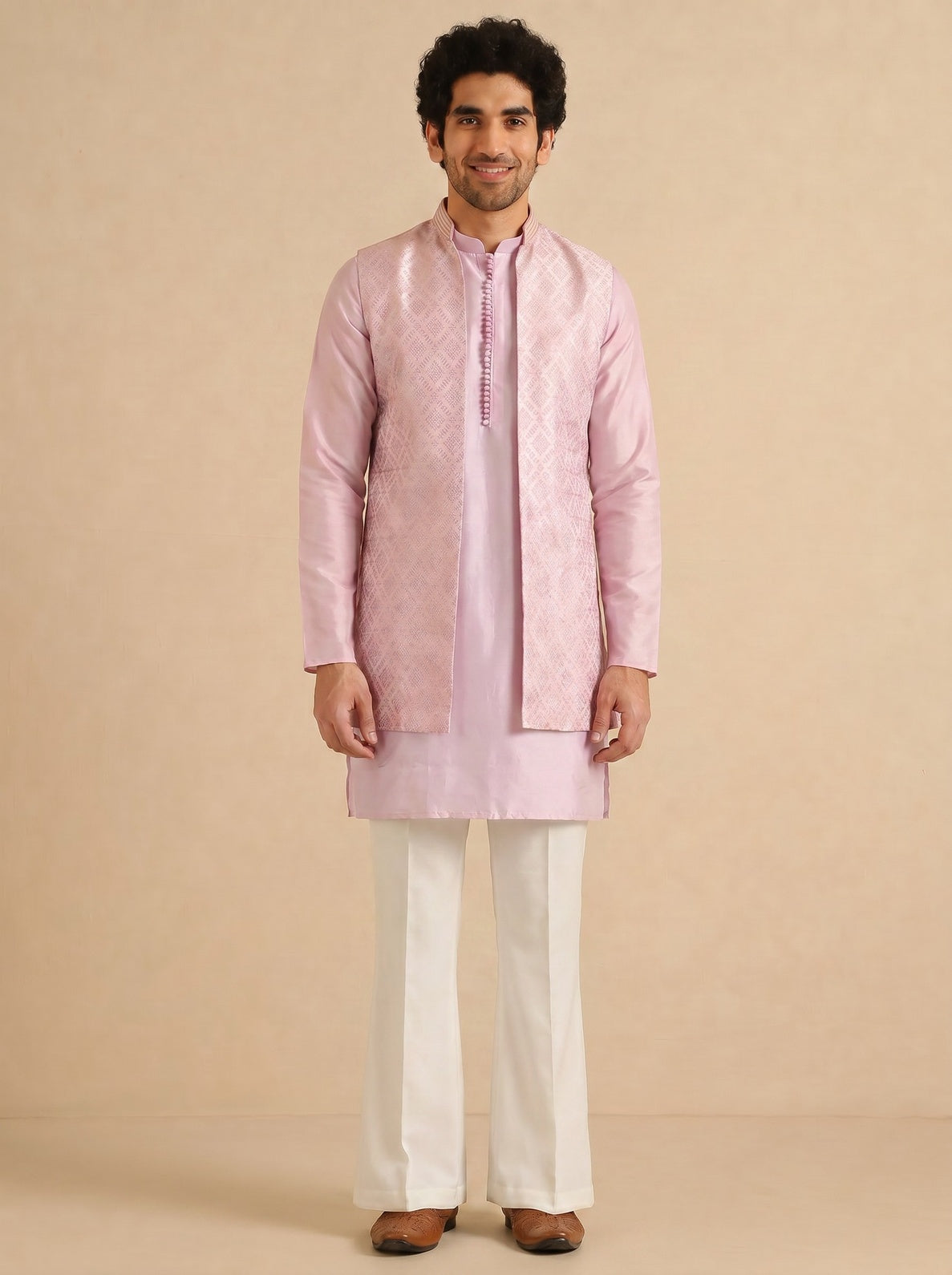 Lilac Jacquard Mid Kurta Front Open Jacket Wide Leg Trouser Set