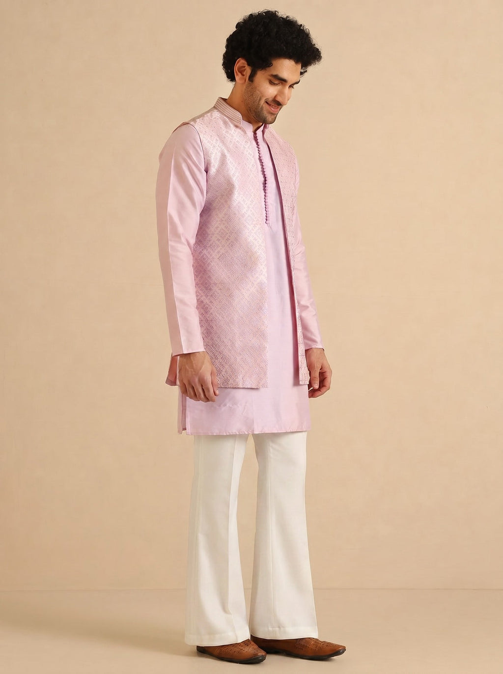 Lilac Jacquard Mid Kurta Front Open Jacket Wide Leg Trouser Set