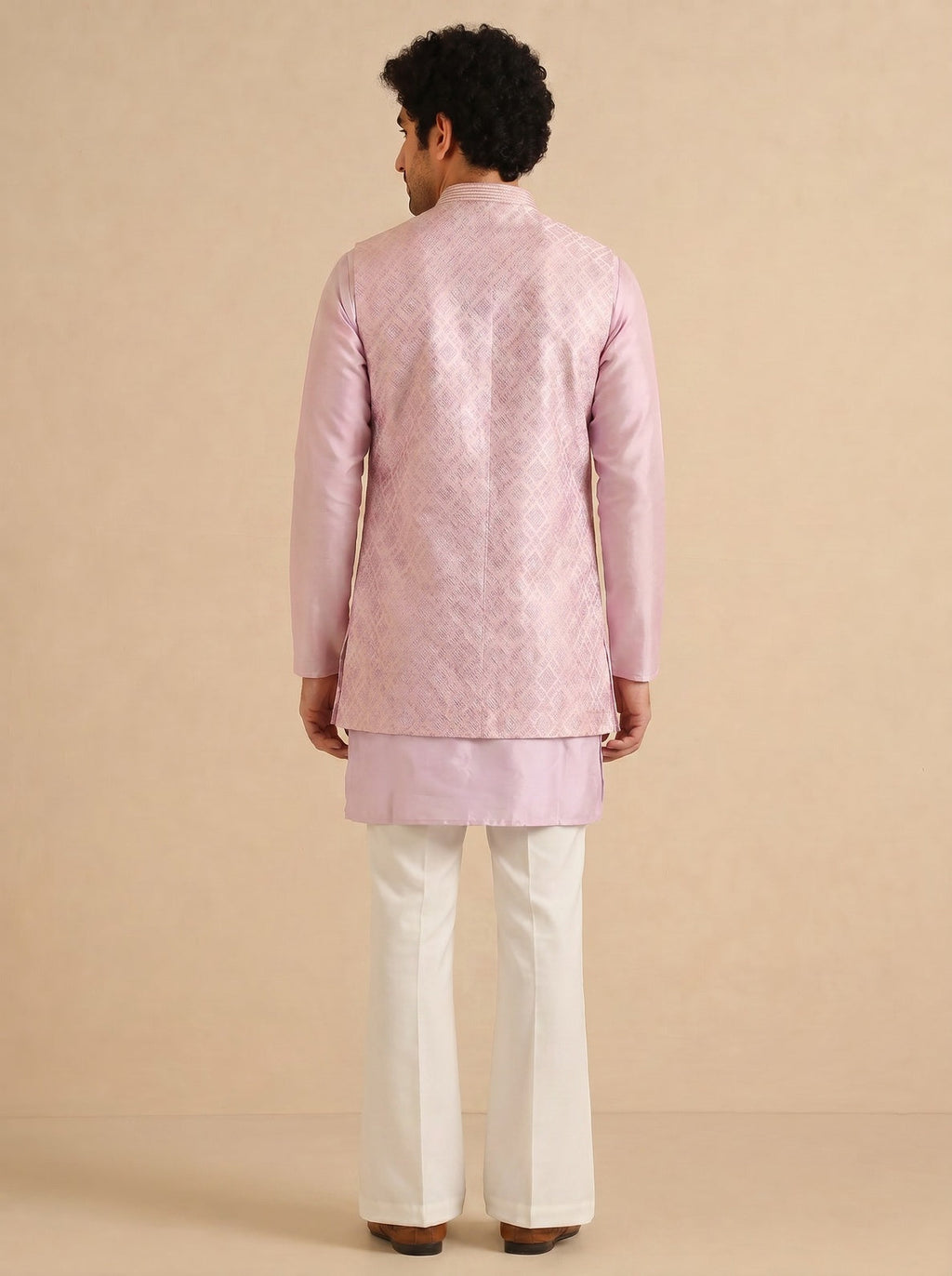 Lilac Jacquard Mid Kurta Front Open Jacket Wide Leg Trouser Set