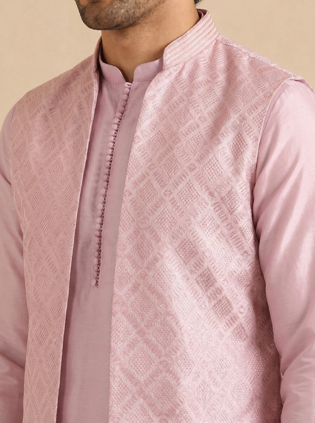 Lilac Jacquard Mid Kurta Front Open Jacket Wide Leg Trouser Set
