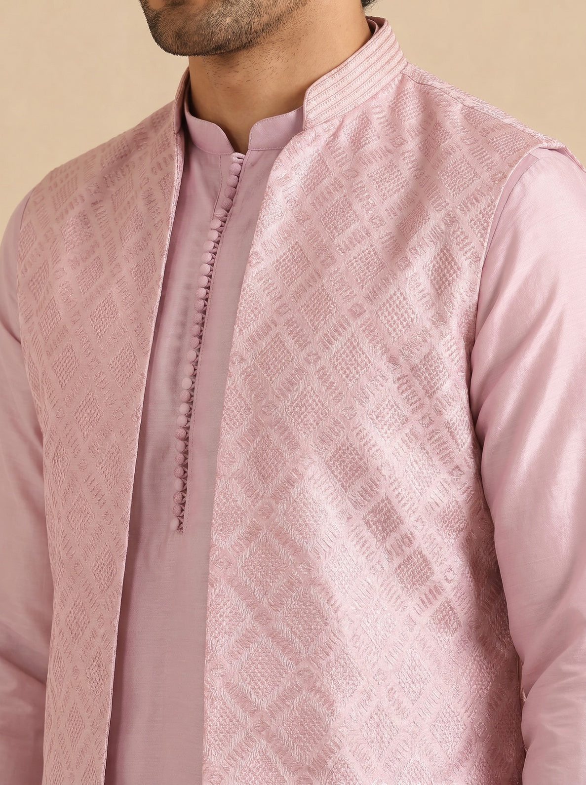 Lilac Jacquard Mid Kurta Front Open Jacket Wide Leg Trouser Set