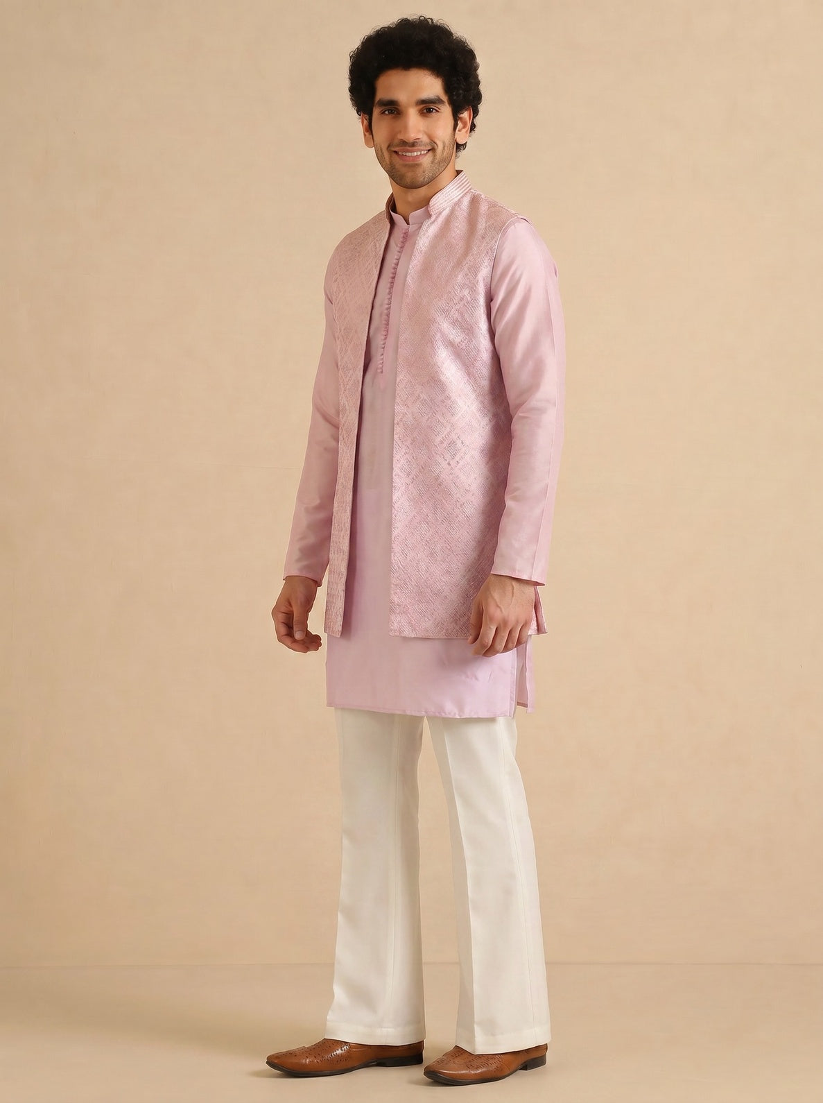 Lilac Jacquard Mid Kurta Front Open Jacket Wide Leg Trouser Set