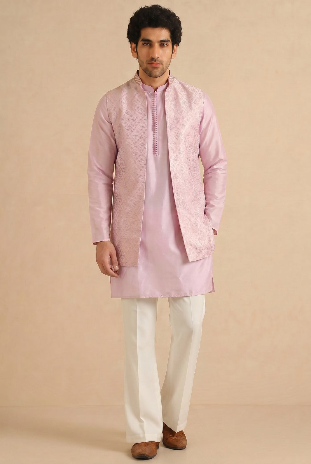 Lilac Jacquard Mid Kurta Front Open Jacket Wide Leg Trouser Set
