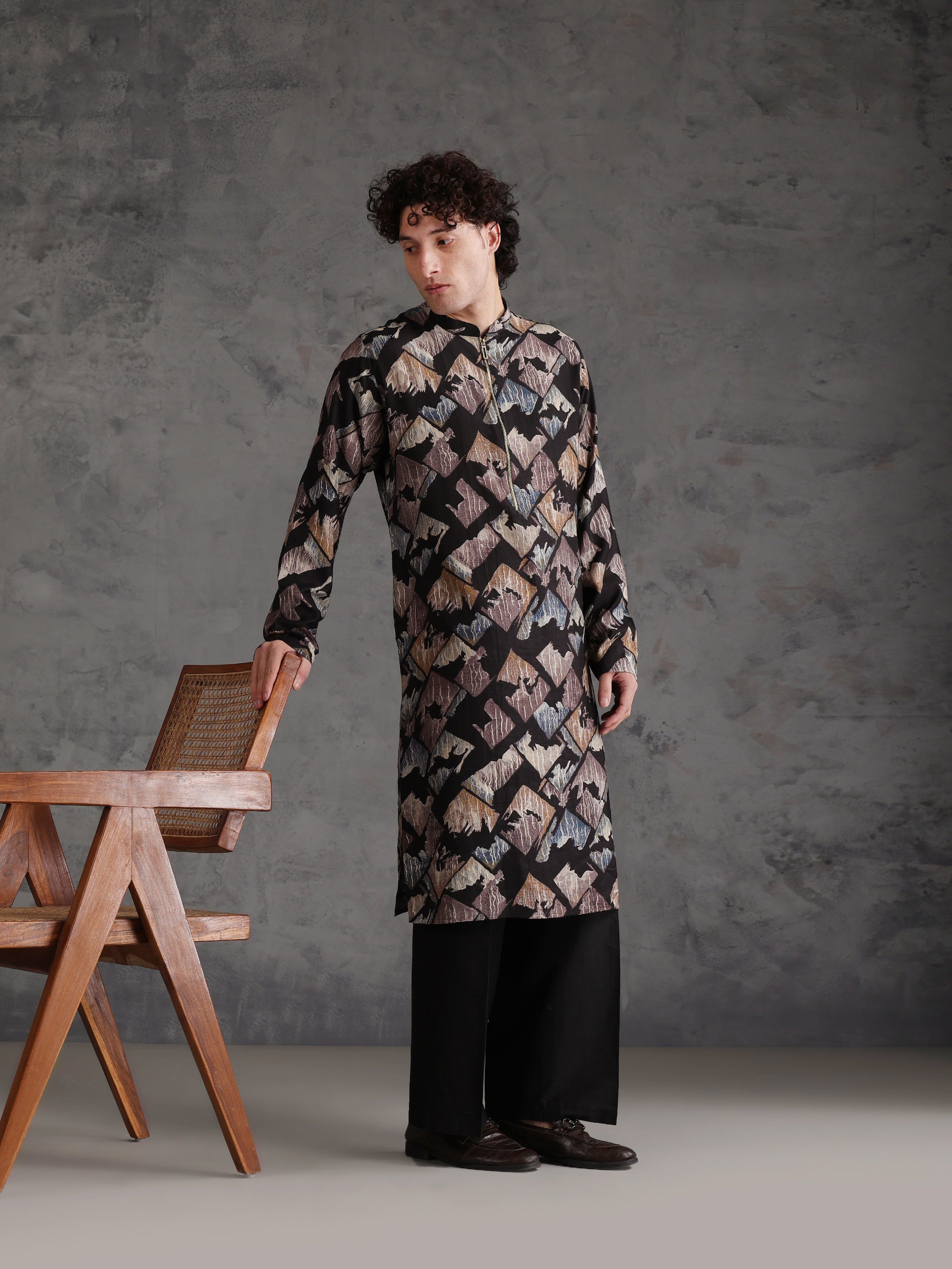 Black Blended Printed Kurta Wide Leg Trouser Set