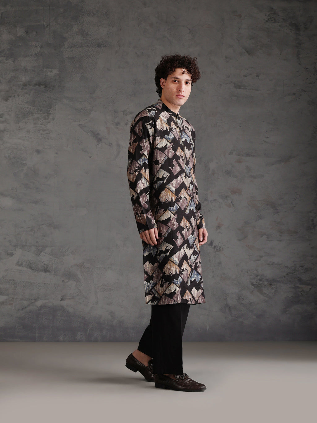 Black Blended Printed Kurta Wide Leg Trouser Set