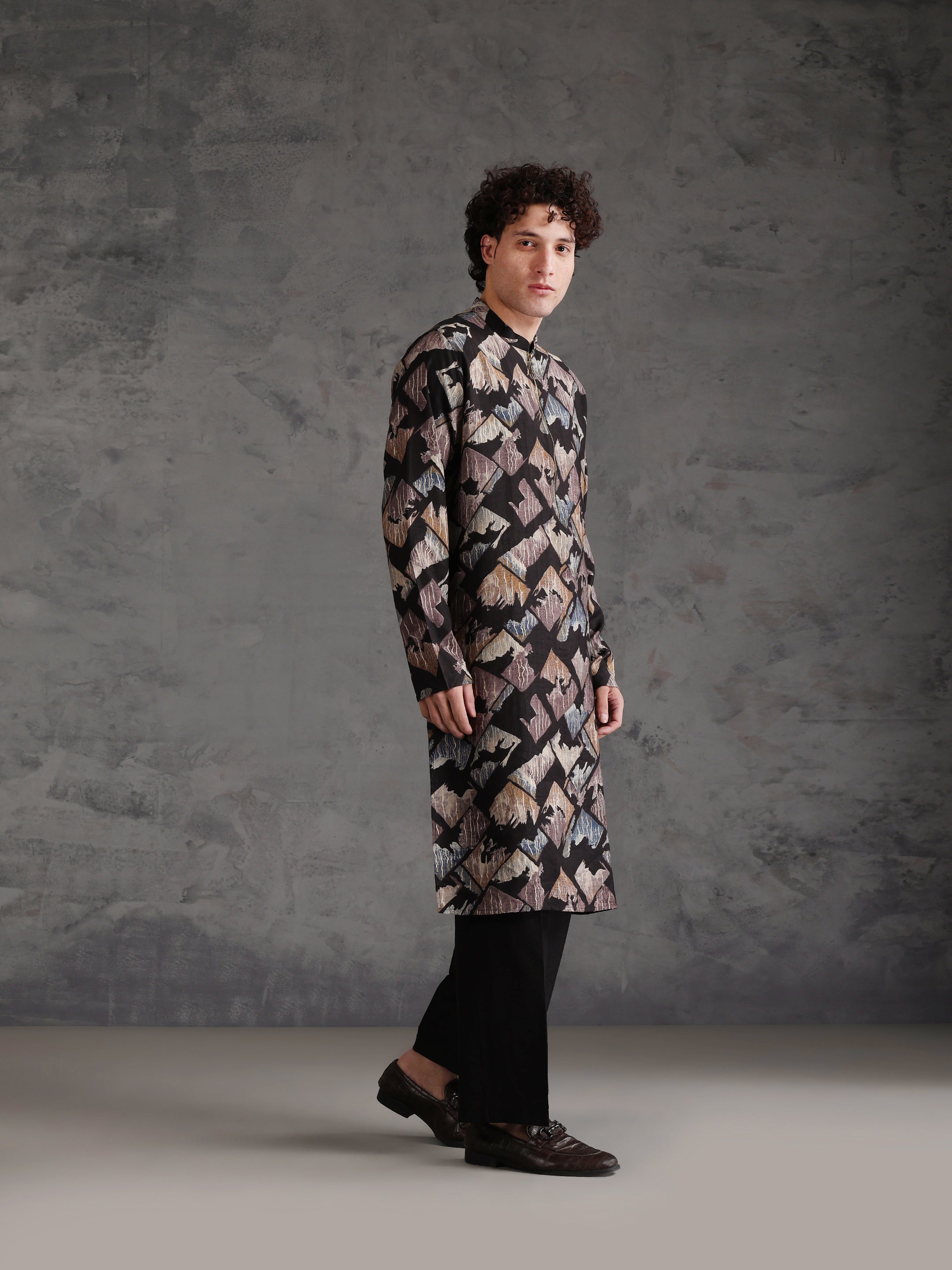 Black Blended Printed Kurta Wide Leg Trouser Set
