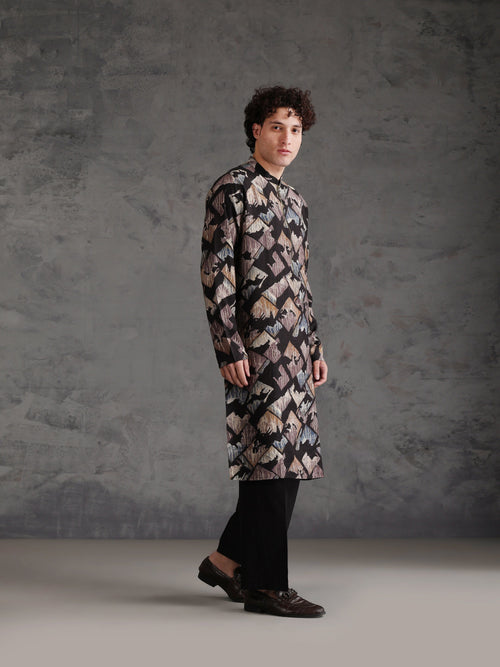 Black Blended Printed Kurta Wide Leg Trouser Set