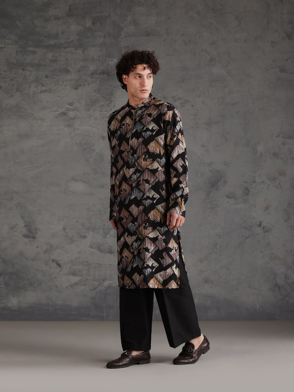 Black Blended Printed Kurta Wide Leg Trouser Set
