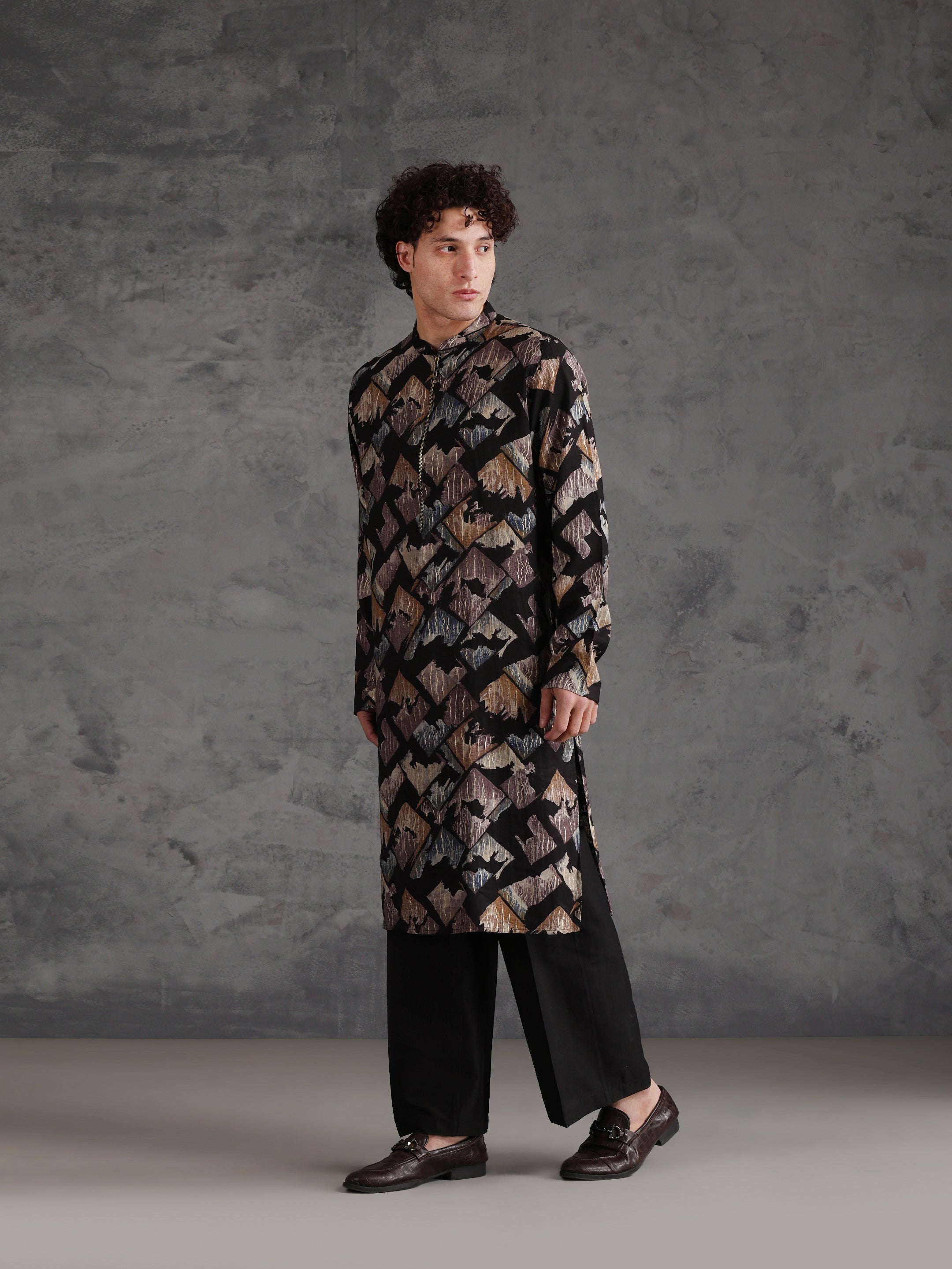 Black Blended Printed Kurta Wide Leg Trouser Set