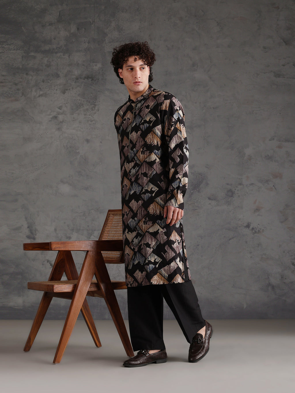 Black Blended Printed Kurta Wide Leg Trouser Set