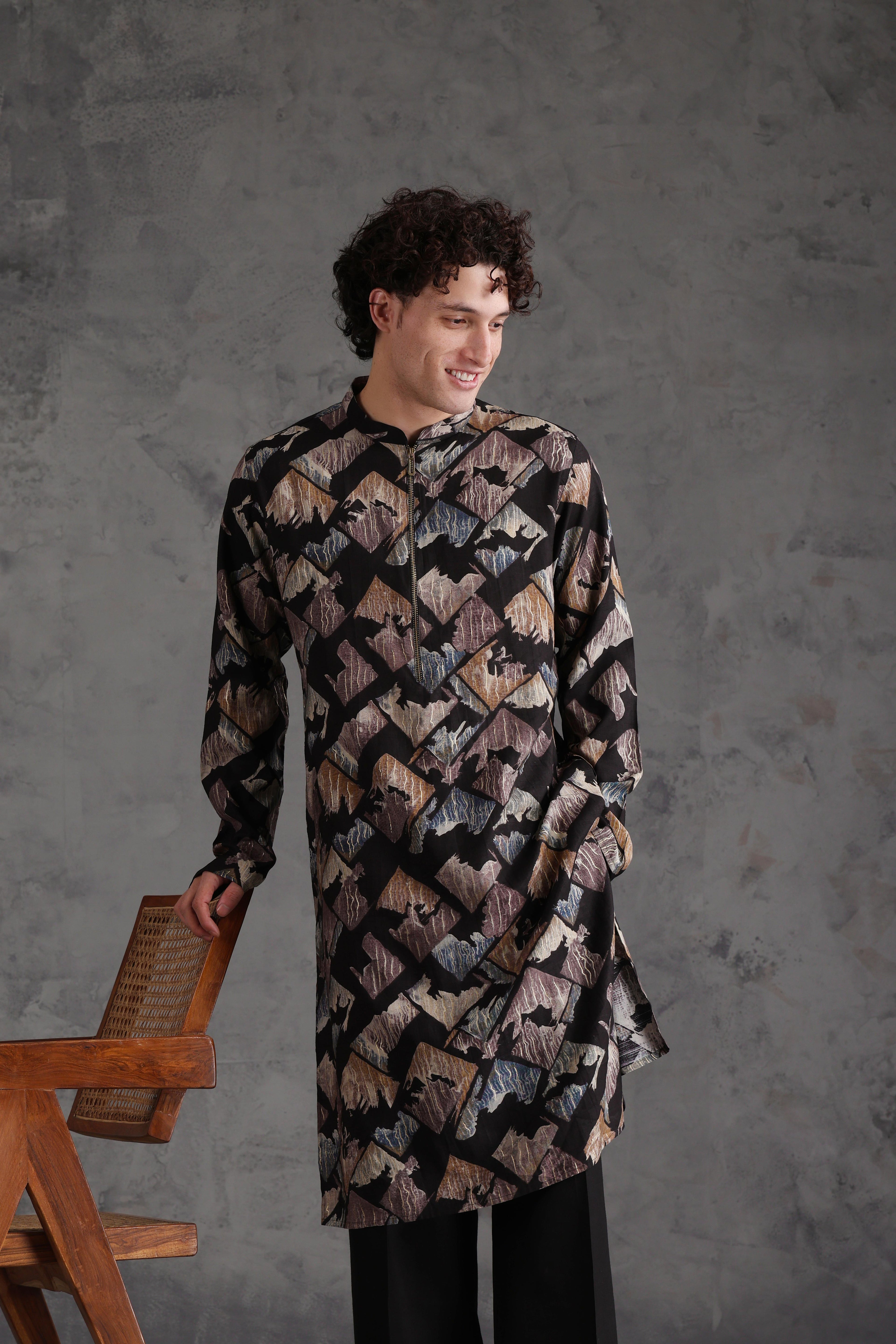 Black Blended Printed Kurta Wide Leg Trouser Set