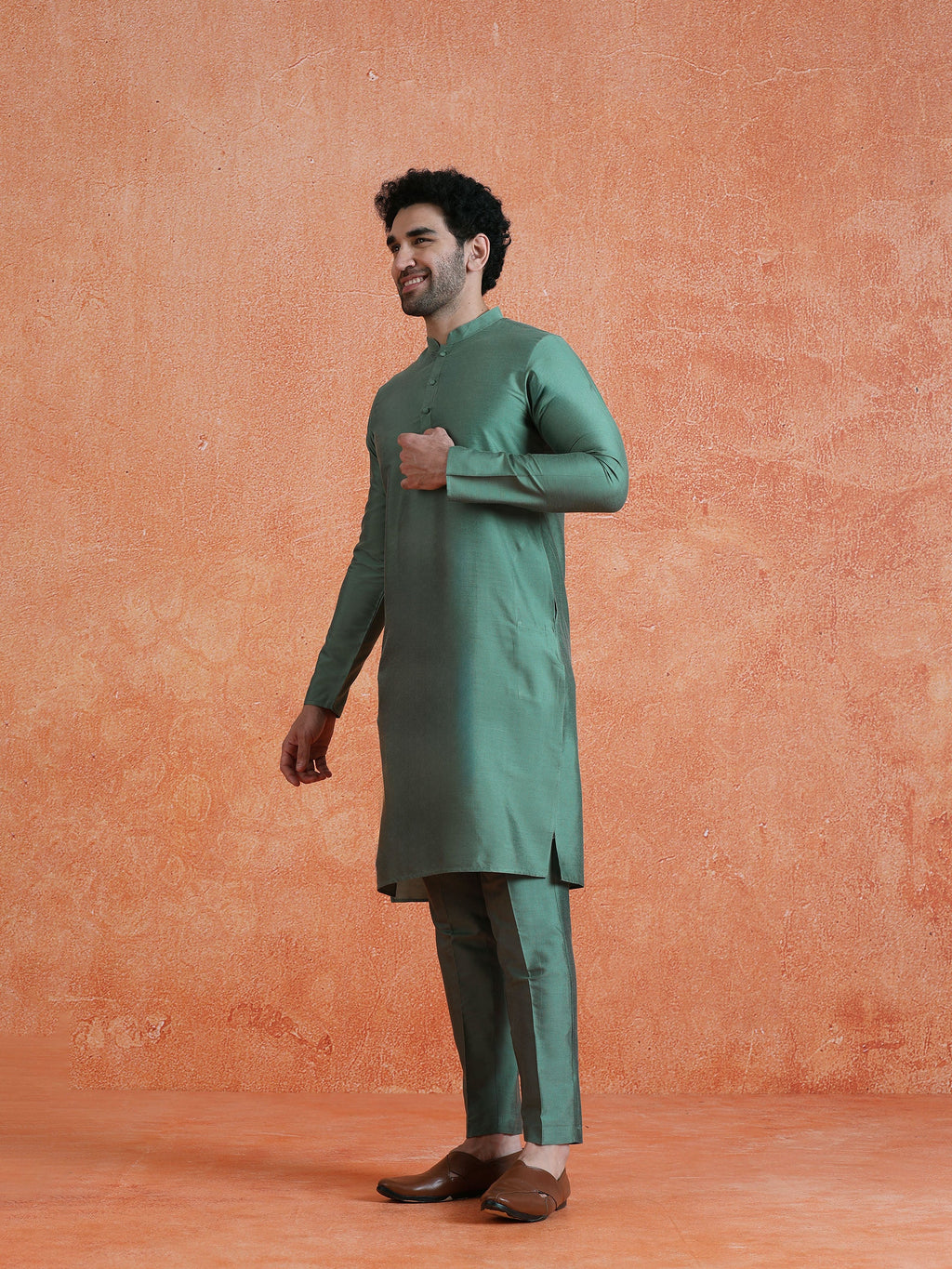 Sage Green Cotton Blend Solid Kurta Trouser Set