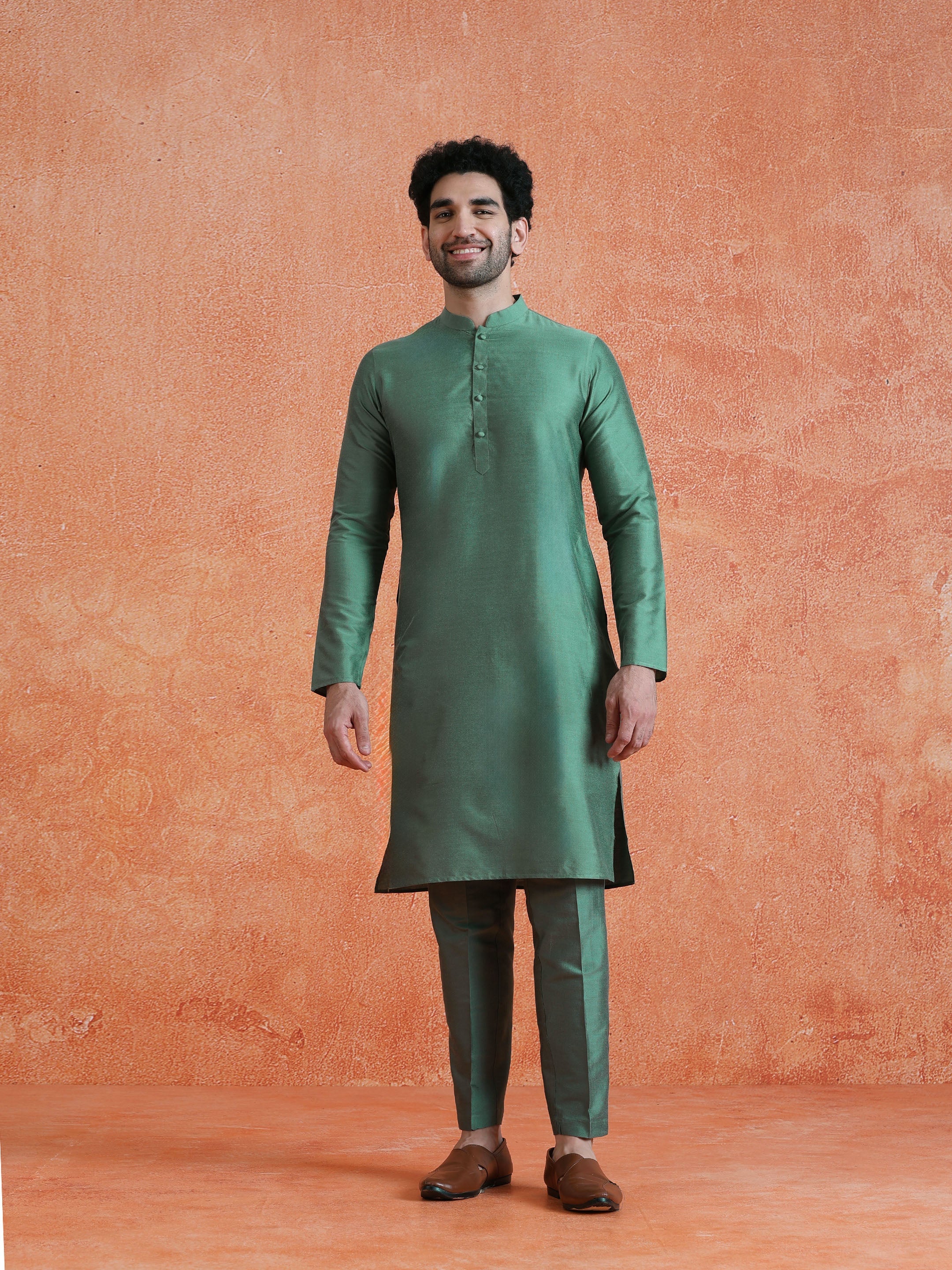 Sage Green Cotton Blend Solid Kurta Trouser Set