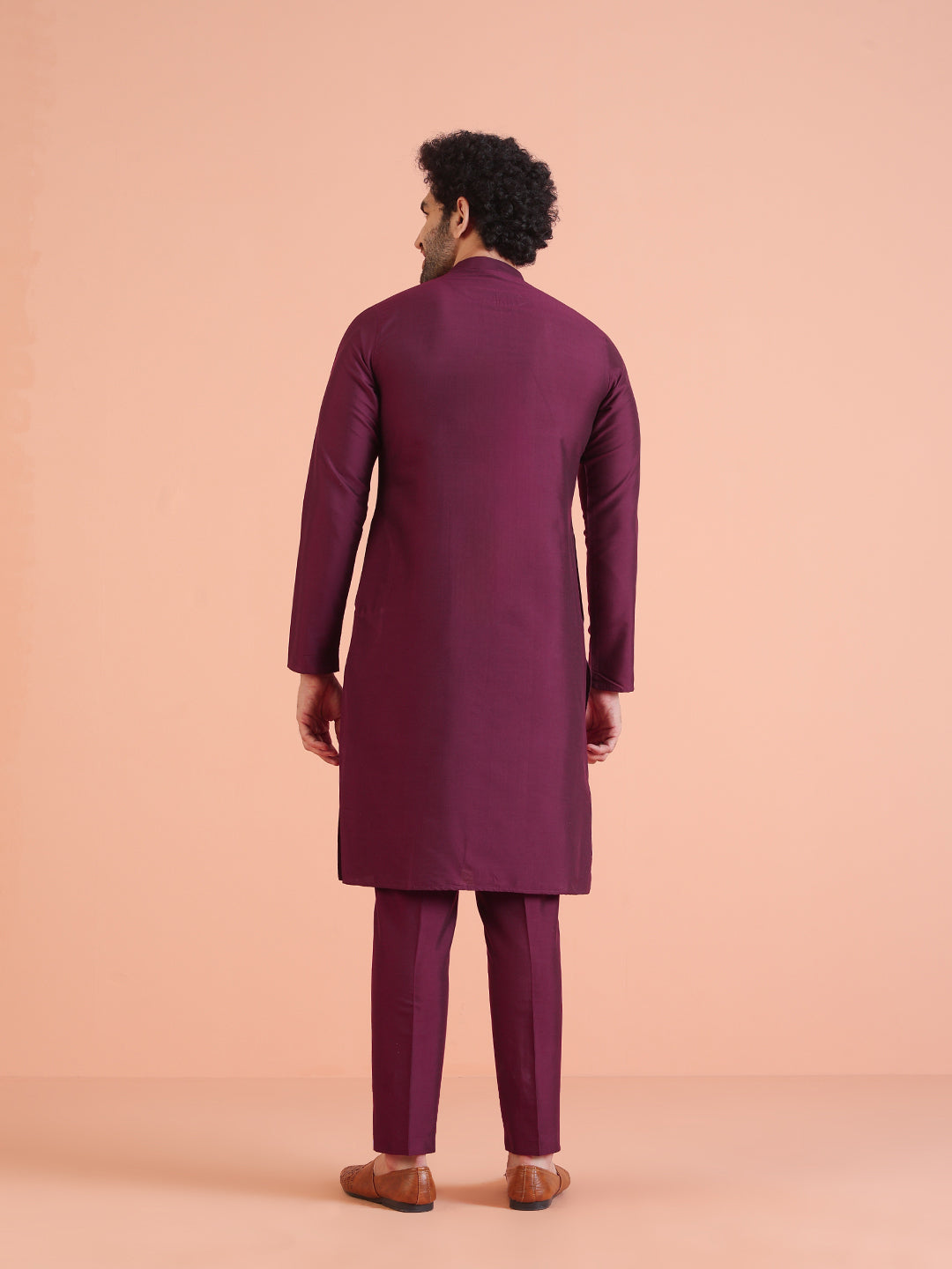 Wine Cotton Blend Pleated Kurta