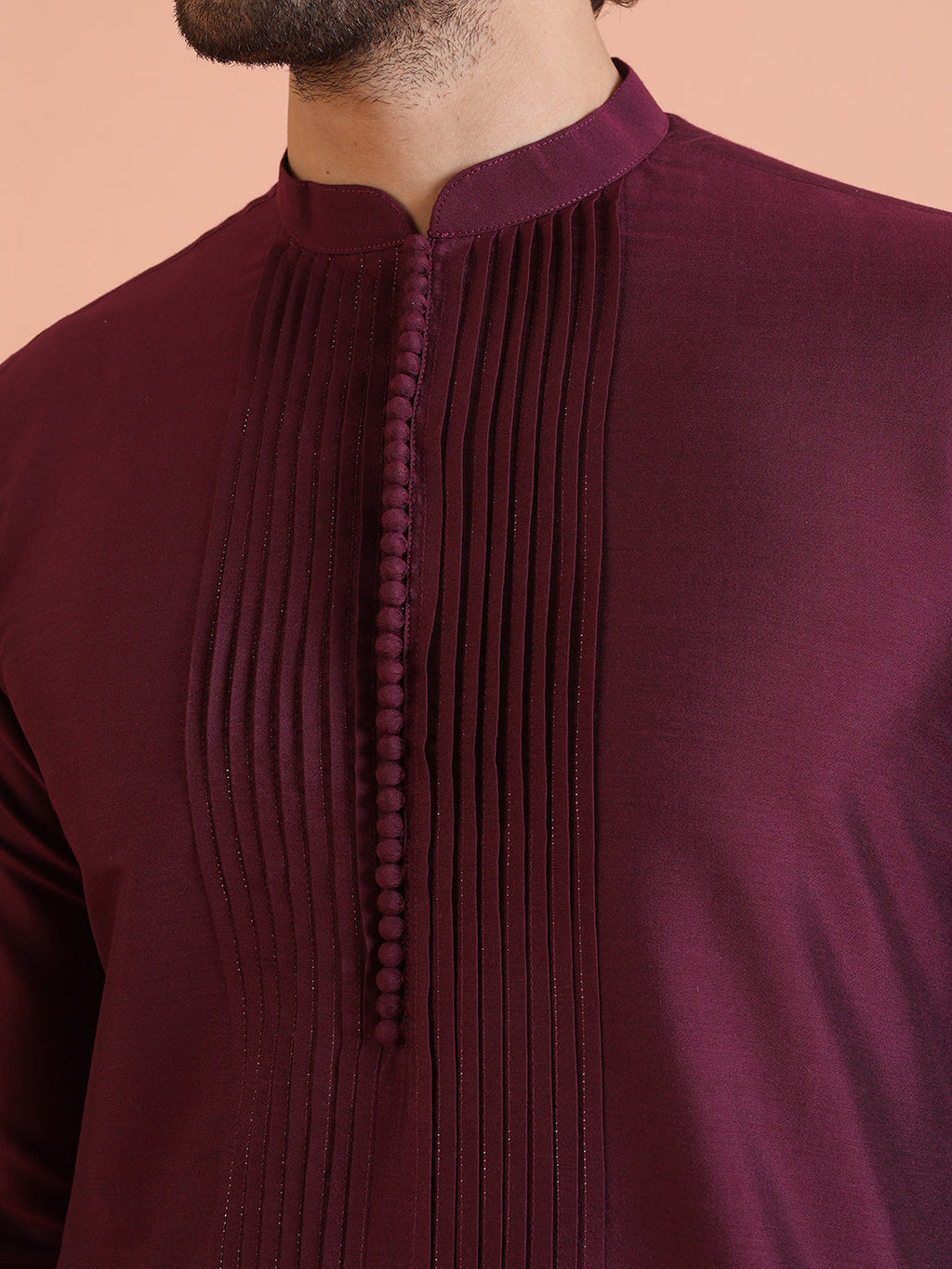 Wine Cotton Blend Pleated Kurta