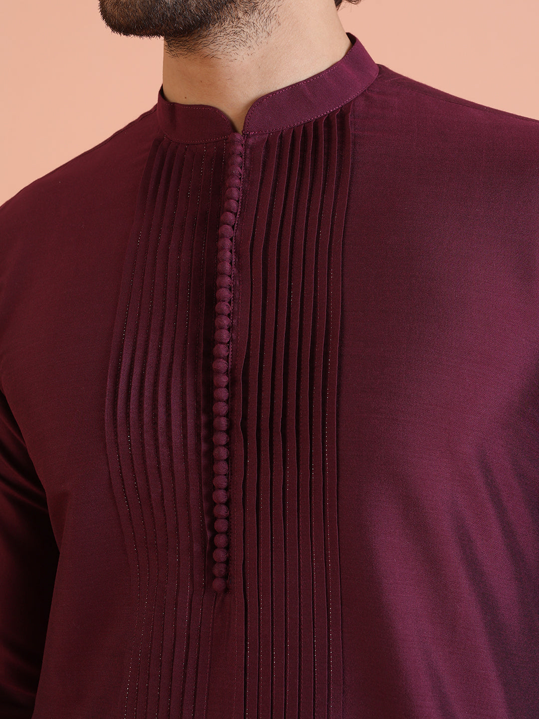 Wine Cotton Blend Pleated Kurta