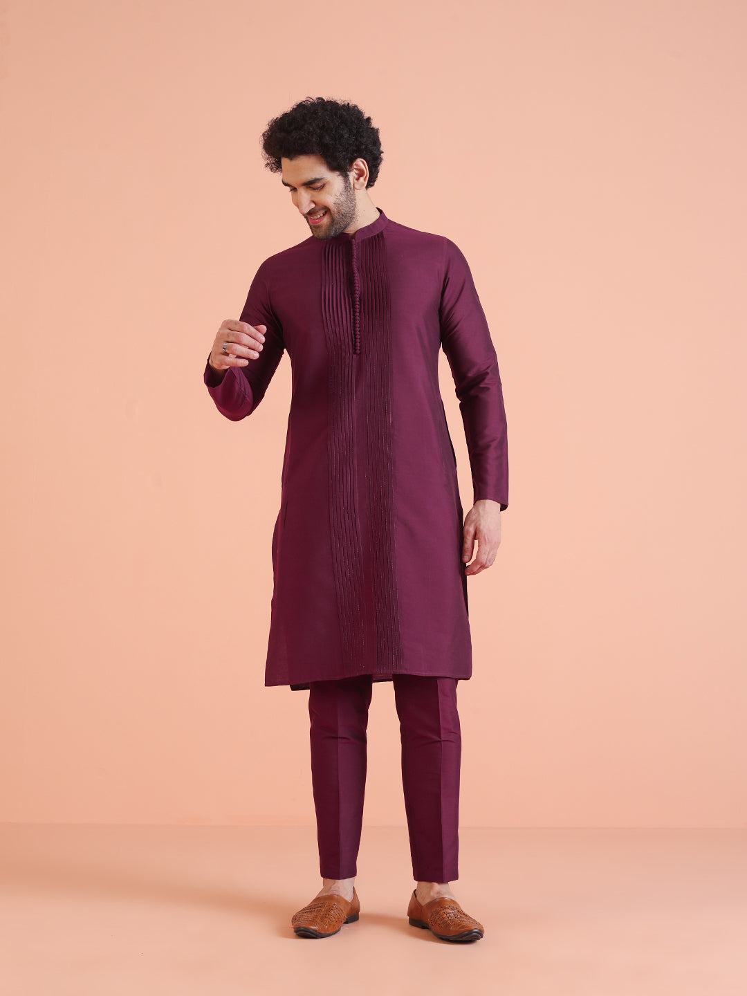 Wine Cotton Blend Pleated Kurta