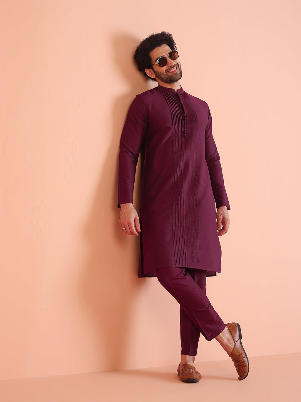 Wine Cotton Blend Pleated Kurta