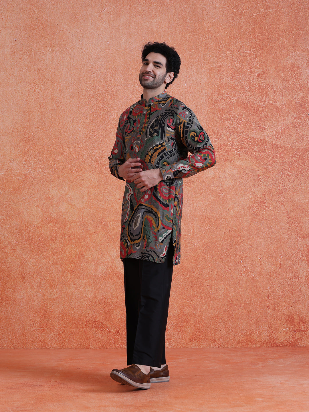 Grey Cotton Blend Printed Mid Kurta Wide Leg Trouser Set